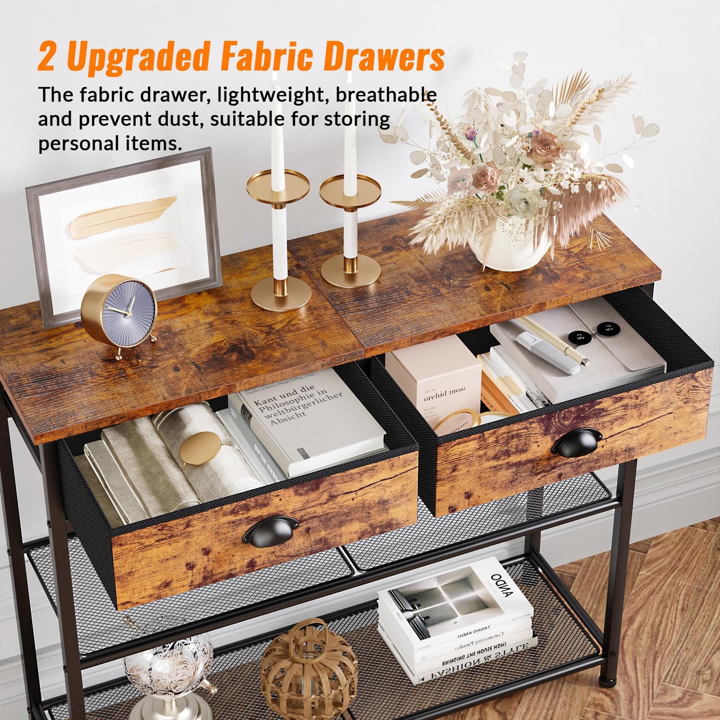 Furologee Console Sofa Table with Storage Shelf for Entry Way, Small 30'' Entryway Table with 2 Fabric Drawers, Industrial Display Shelves for Hallway, Entrance, Foyer, Rustic Brown