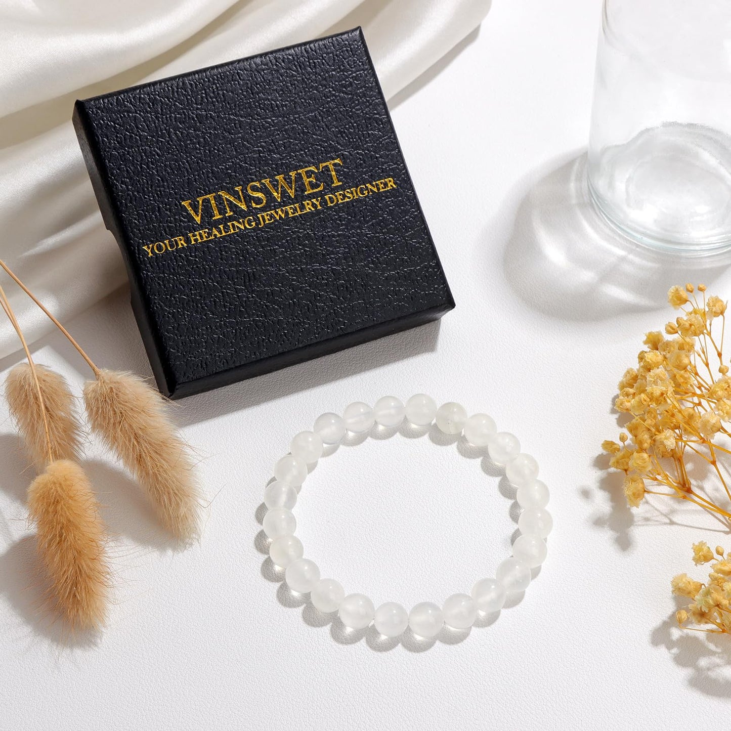 Vinswet Healing Crystal Bracelets for Women Men 8mm Selenite Natural Stone Beaded Stretch Bracelet Handmade Gemstone Reiki Spiritual Jewelry Gifts