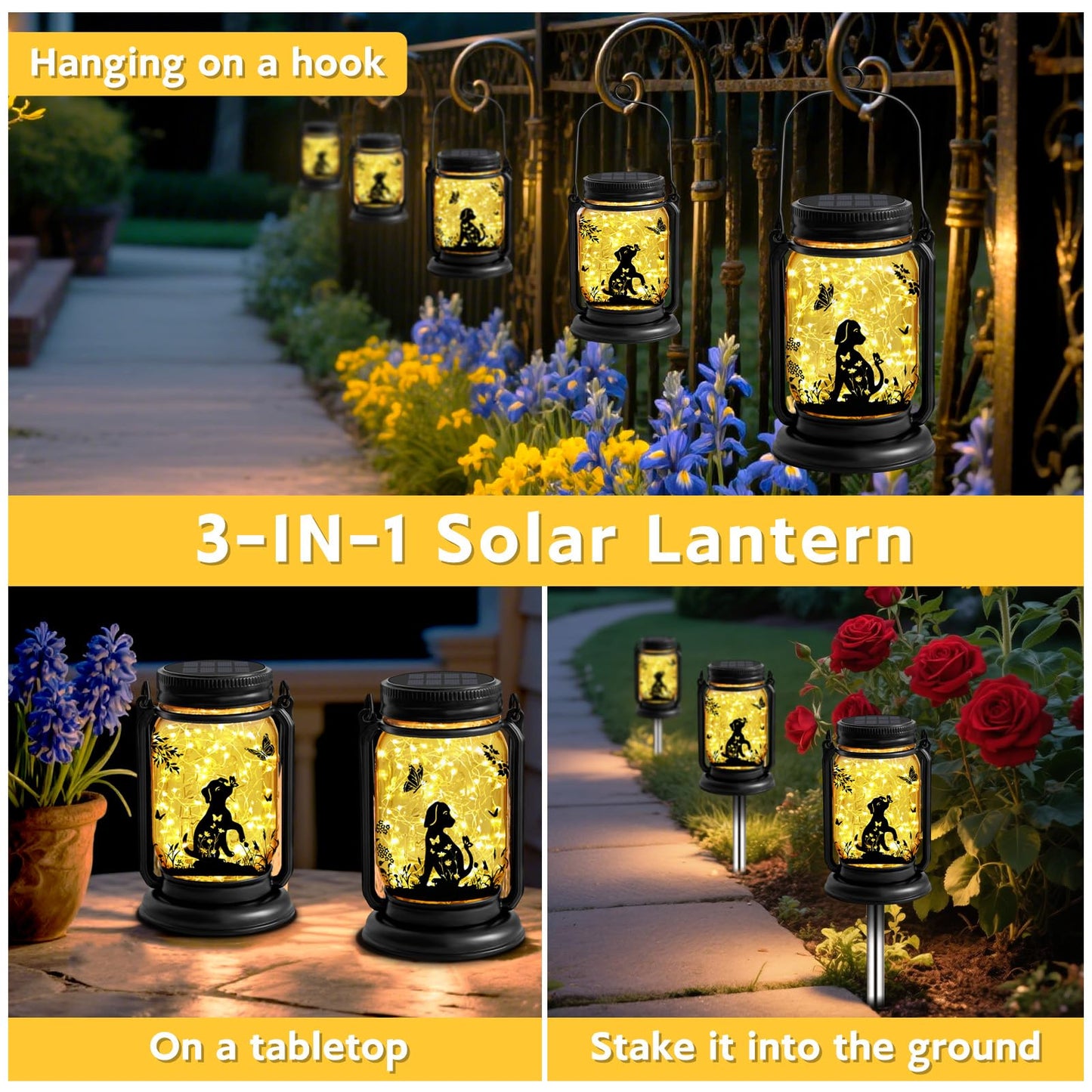 Dog Hanging Mason Jar Solar Lights, Labrador Retriever Solar Lanterns 3-in-1 Outdoor Waterproof, Birthday Gifts for Women Mom Mother's Day Dog Lover, Garden Decor for Patio Yard Balcony Decoration