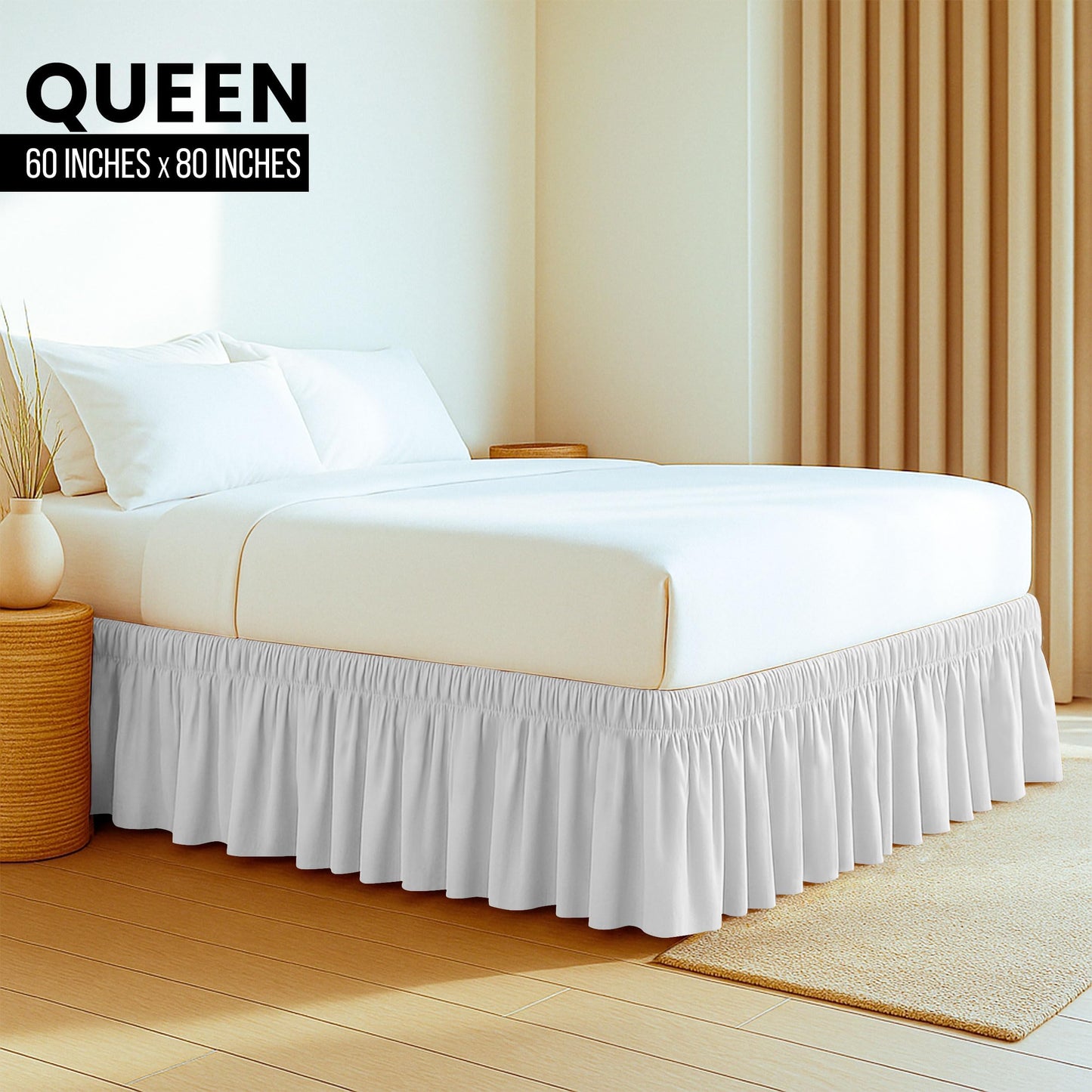 Wrap Around Ruffle Queen Size Bed Skirt – Adjustable Buckle & Elastic Belt for Easy Installation, 16 Inch Drop – Brushed Microfiber - Machine Washable, Fade and Wrinkle Resistant, White