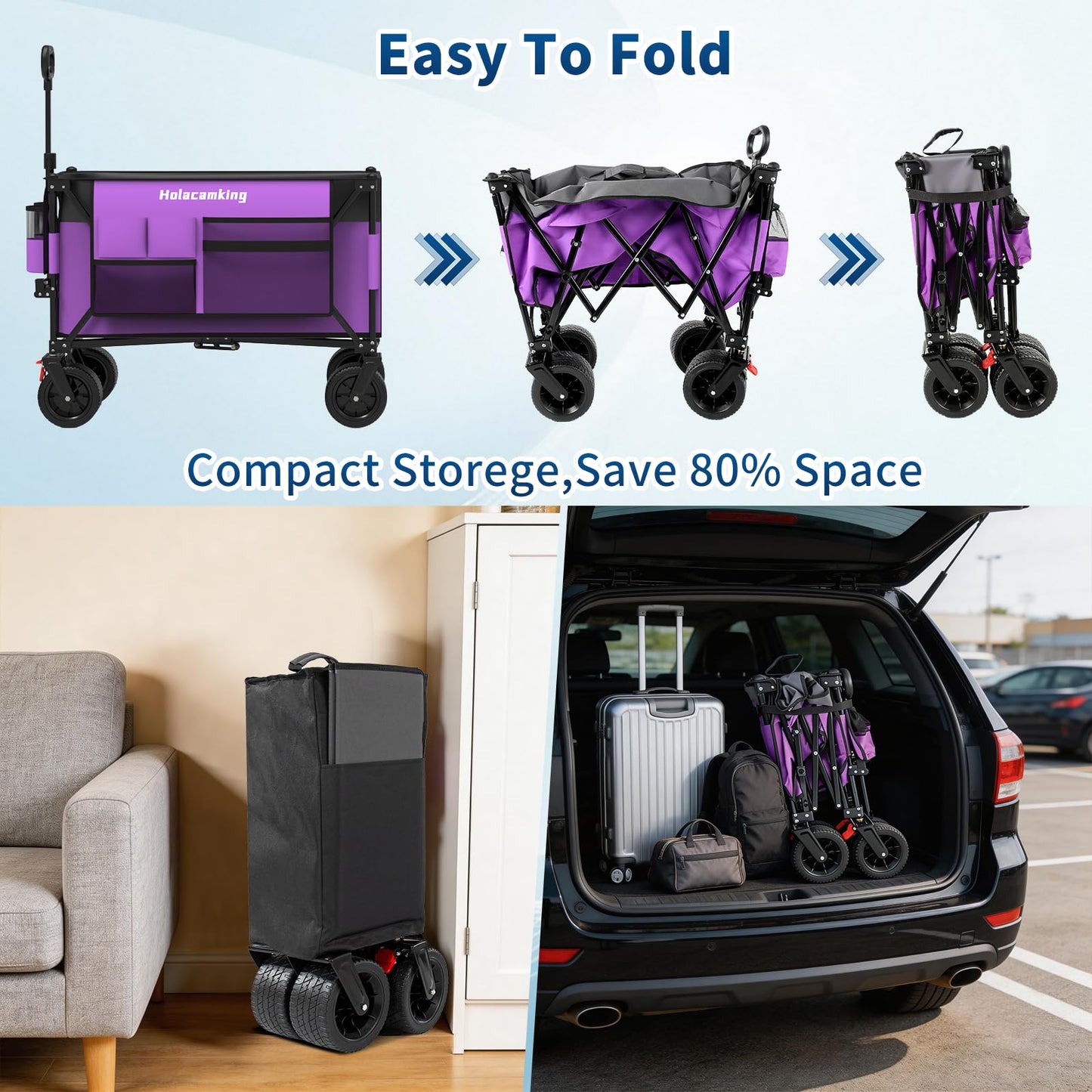Holacamking Collapsible Canopy Wagon Cart, Heavy Duty Utility Wagon with Removable Sun Cover, All-Terrain Big Wheels, Dual Brakes, Extra Large Grocery Cart for Beach Camping Sports Tailgates (Purple)