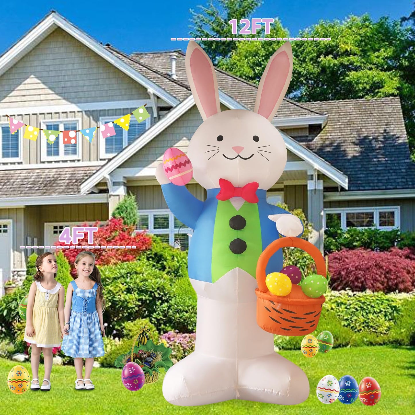 InfleasJoiy 12FT Bunny Basket Easter Inflatable Decoration with Built-in LED Lights for Holiday Celebration Decorations on Yards, Lawns and Patios
