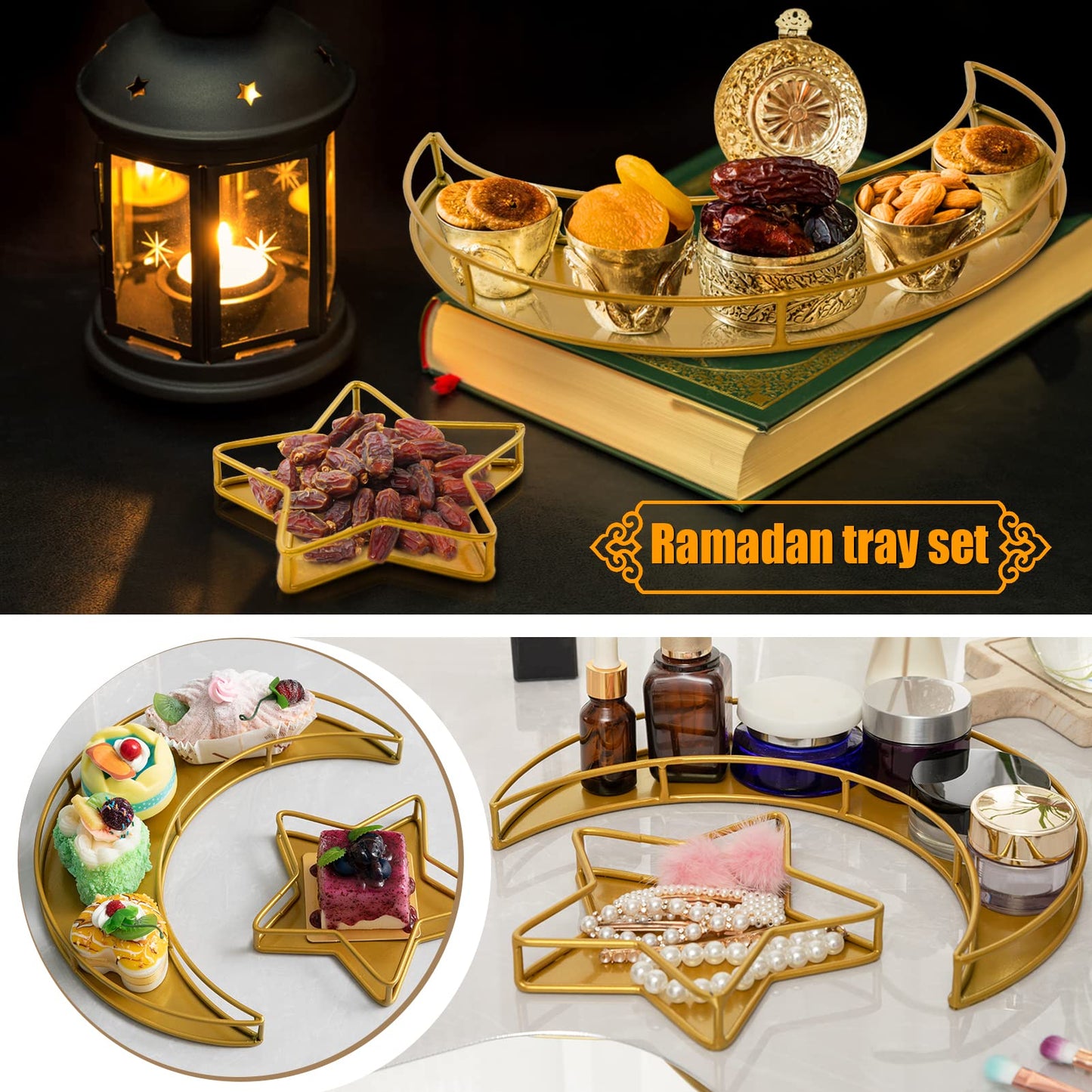 2PCS Ramadan Serving Trays Decorations for Home - Moon Star Shaped Eid Mubarak Table Decor Gifts, Islam Muslim Al-Fitr Iftar Party Crescent Iron Platters Dishes (Hollowed-Out)