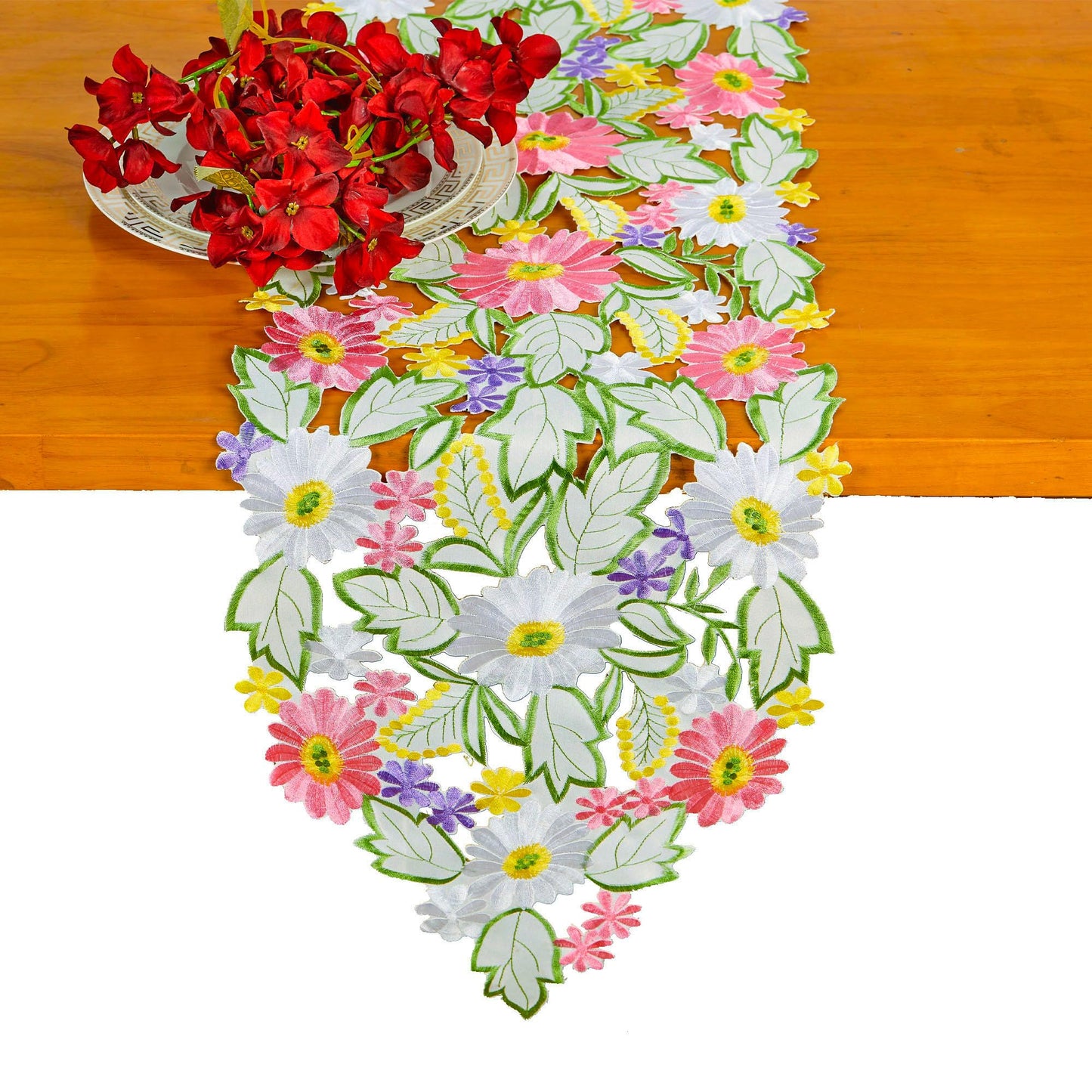 AMARED Spring Daisy Table Runners Embroidered Flowery Applique Floral Cutwork Table Linen for Home Decoration (13 X 54 Inch)