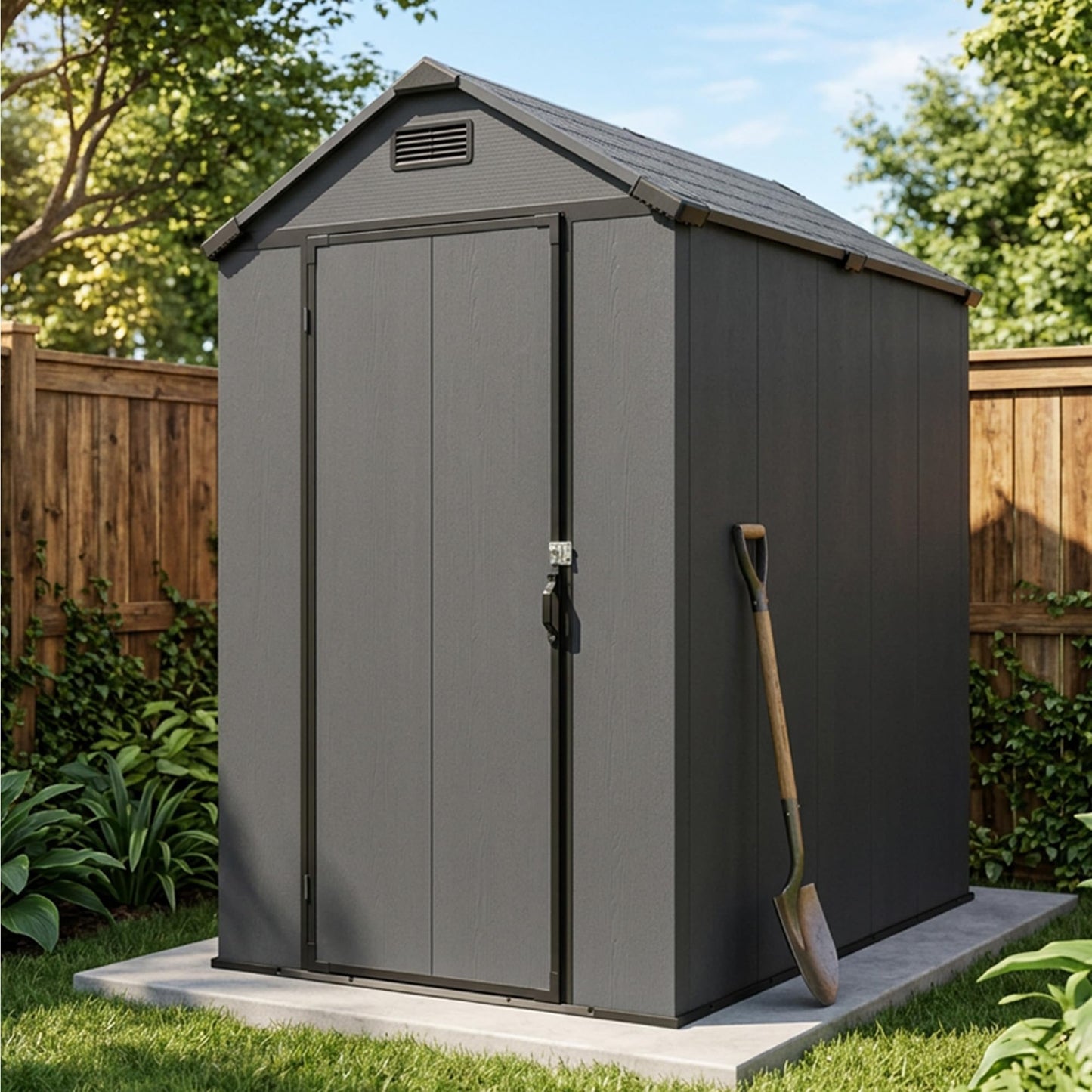 Greesum 4x6FT Plastic Shed with Floor, Outdoor Storage Shed with Vent and Locable Door, Waterproof Plastic Tool Storage Without Window, for Garden, Garage, Lawn, Deep Gray