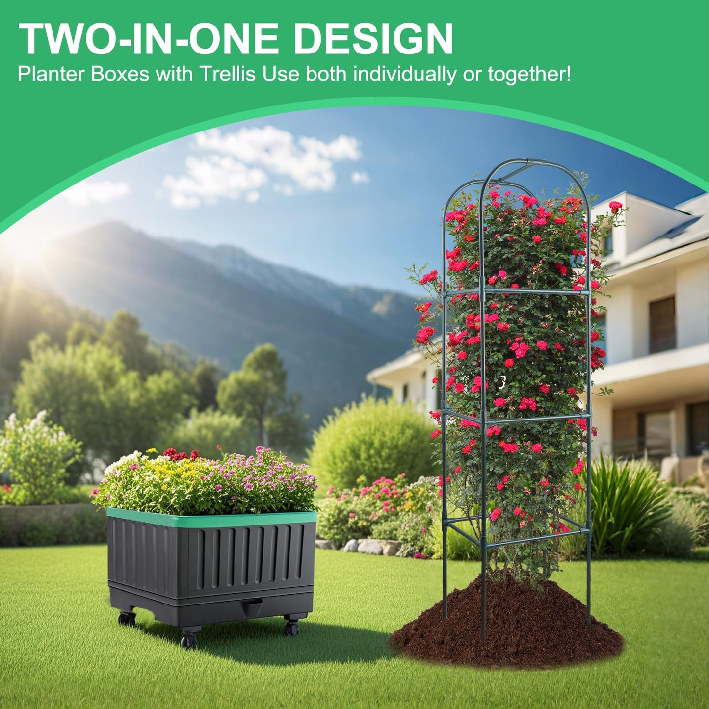 Yhtpouqe Raised Garden Bed with Self Watering Garden Pots, Planter Box with Trellis for Climbing Plants Vegetable Vine Flowers, Tomato Cage Planter for Indoor Outdoor Yard Greenhouse Use