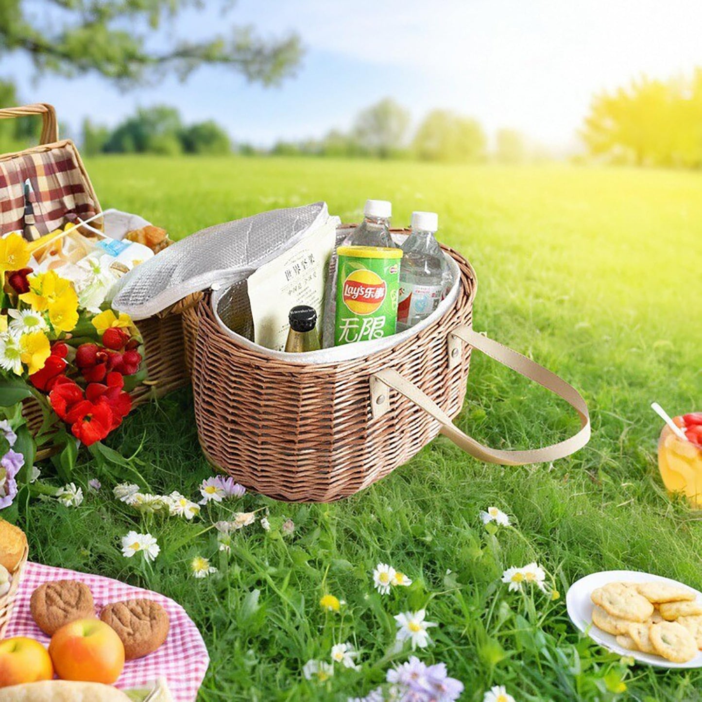 Wicker Insulated Picnic Basket, Natural Willow Hamper Empty Basket with Insulated Cooler Bag and Lid for Camping Outdoor Easter