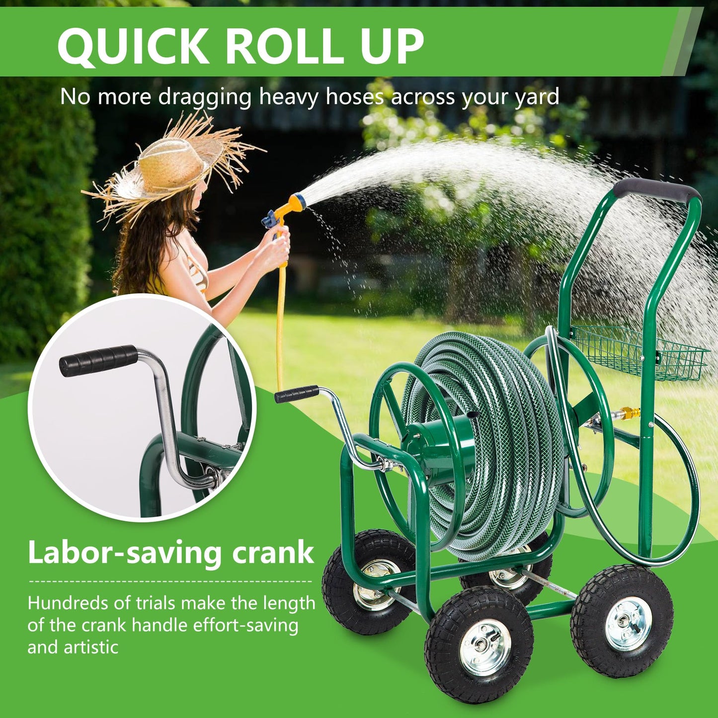 FDW Garden Hose Reel Cart, Water Hose Cart with 4 Wheels, Hold Up to 300 ft of 5/8’’ Hose，Heavy Duty Powder-Coated Steel Planting with Storage Basket, for Garden, Yard and Lawn