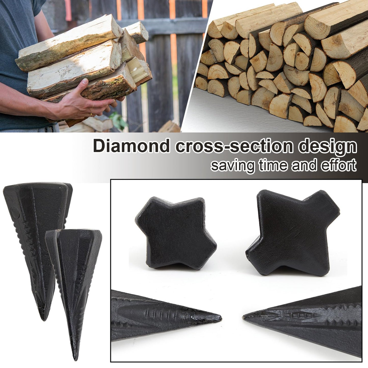 Otoolling 2 Pcs 4 & 5 Lbs Wood Splitting Wedges Manual Log Splitter Wedge 4-direction Diamond Design Forged Steel Tool for Easy Wood Splitting Splits Firewood into 4 Pieces Less Effort (Black)