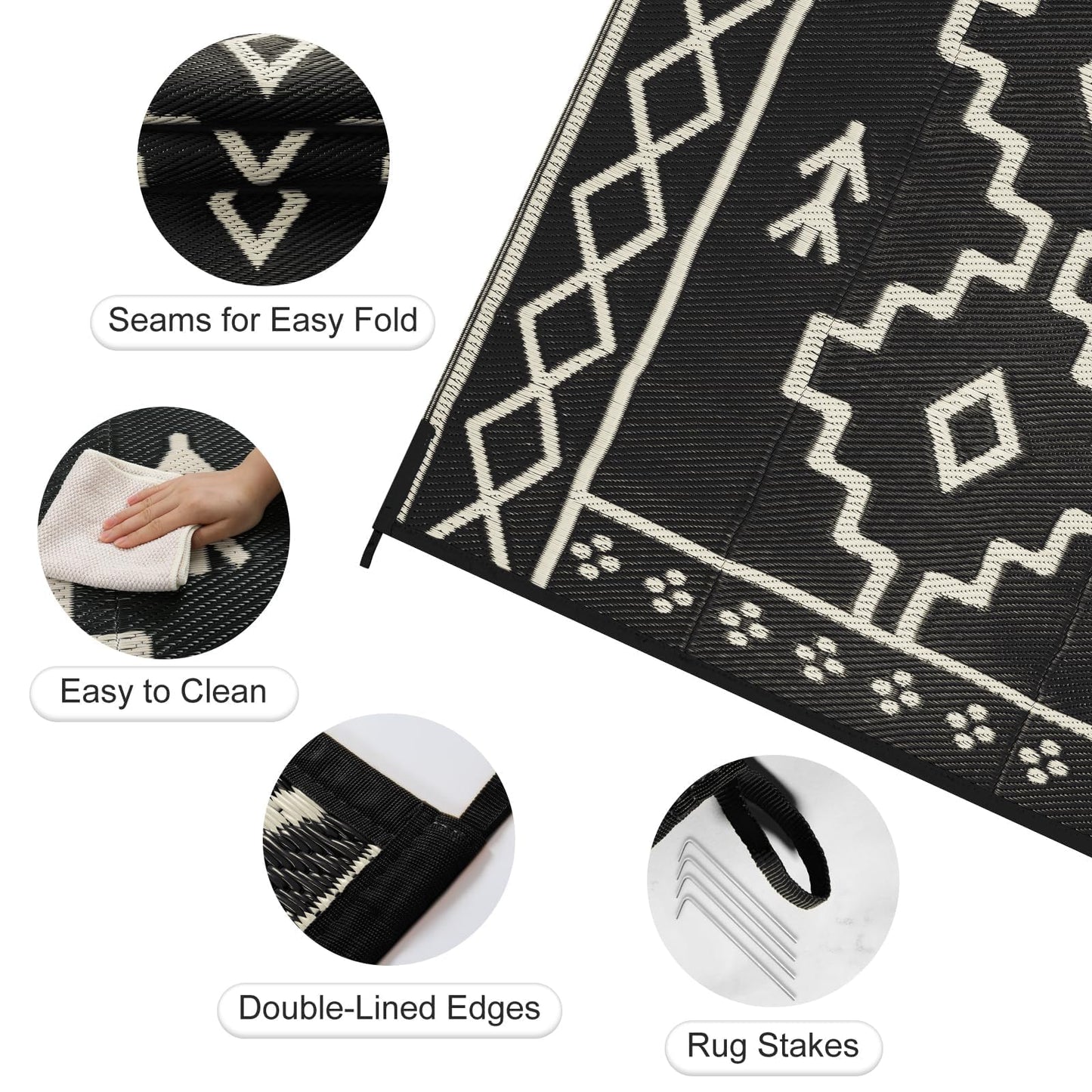 Uphome Outdoor Plastic Straw Rug, 6x9 ft, Reversible Waterproof, Black Boho Patio Rug, RV Camping Rug for Outside, Indoor Outdoor Area Rug for Backyard Deck Balcony Picnic