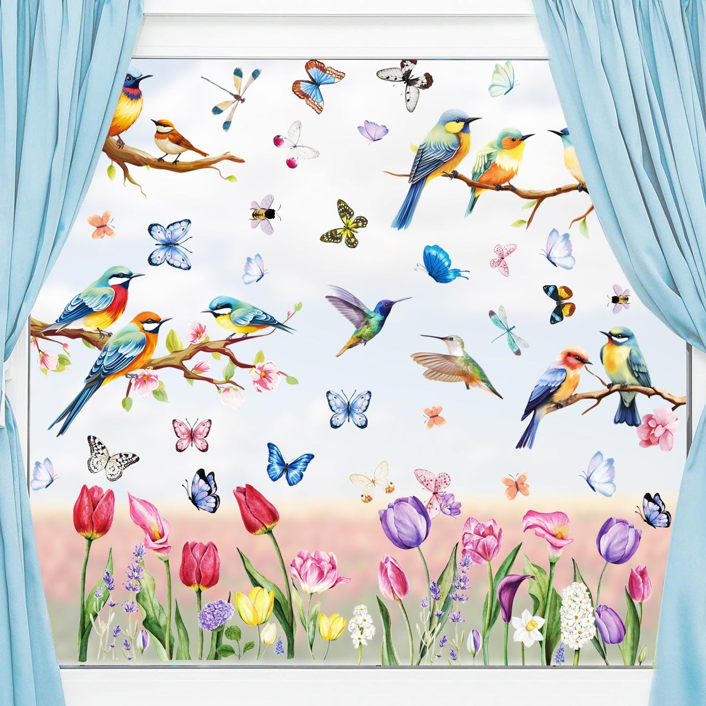 Vibrant Spring & Summer Window Clings - 78 PCS of Butterfly, Tree Branch Hummingbird, and Tulip Anti-Collision Window Stickers for Seasonal and Home Decor Delight