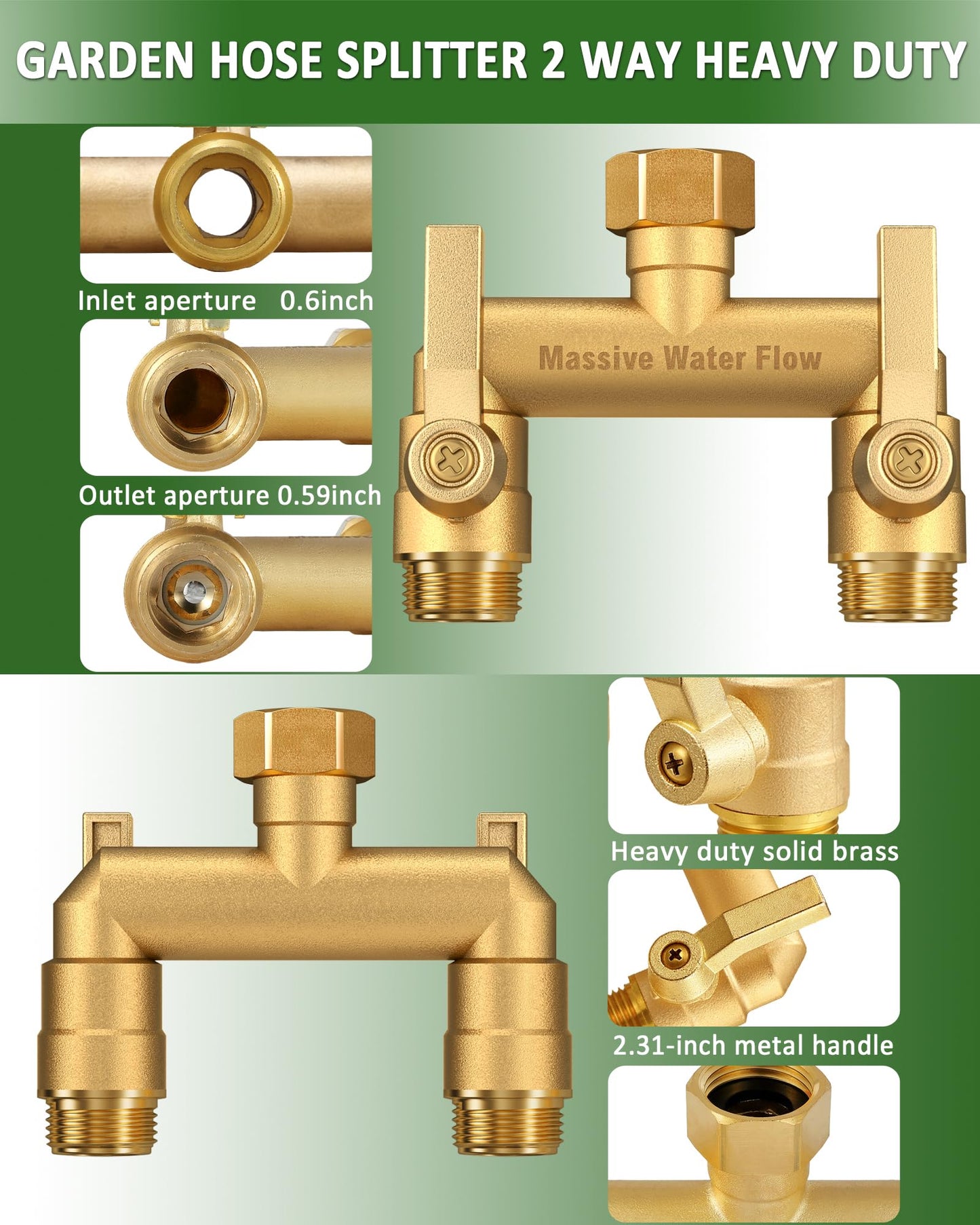 Hose Splitter 2 Way Heavy Duty, Solid Brass Full Flow Outdoor Faucet and Garden Hose Splitters, Water Spigot Splitter T Adapter, All Metal Water Connector with Shut-Off Valve, 3/4 - Inch GHT Thread