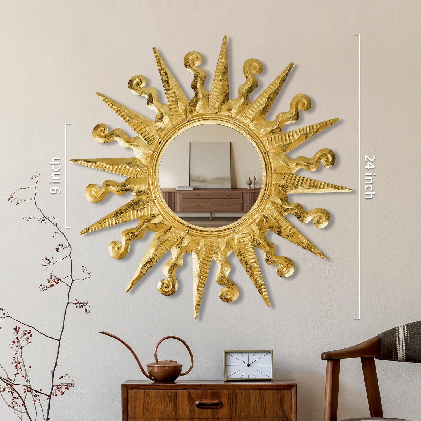 YIWEMON Golden Sun Wall Mirror Decorative 24 inch Metal Frame Mirror Sunburst Boho Mirror for Entryway Bedroom Living Room Bathroom House Warming Gifts New Home Essential