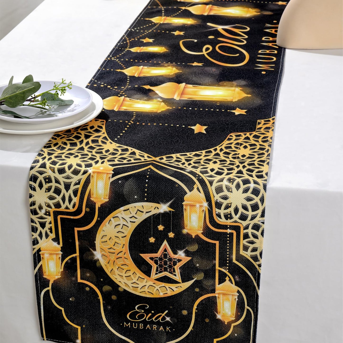 Fengrise Eid Mubarak Table Runner - Black Gold Ramadan Kareem Decorations for Home 2026, Star Moon and Lantern Pattern, Eid Al-Fitr Table Cloth,Islamic Decorations Supplies for Kitchen Indoor (13x72)