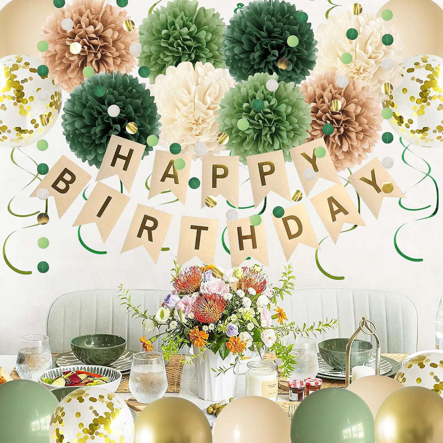 Green Birthday Party Decorations for Women Girls with Happy Birthday Banner,Tissue Paper Pompoms, Paper Tassel,Circle Garland,Hanging Swirl,Decorations Balloons for Party Decor (sage green)