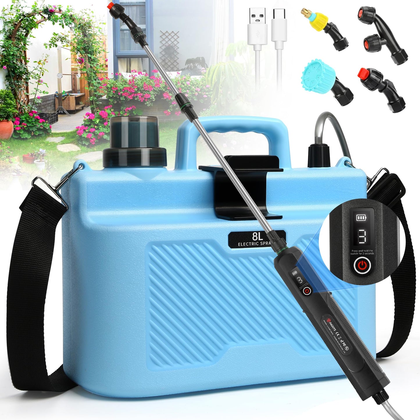 2 Gallon Battery Powered Garden Sprayer,Upgrade Electric Sprayer with 4 Types of Nozzles,3-Level Adjustable Speeds,Retractable Wand and Adjustable Shoulder Strap for Lawn, Garden and Yard.