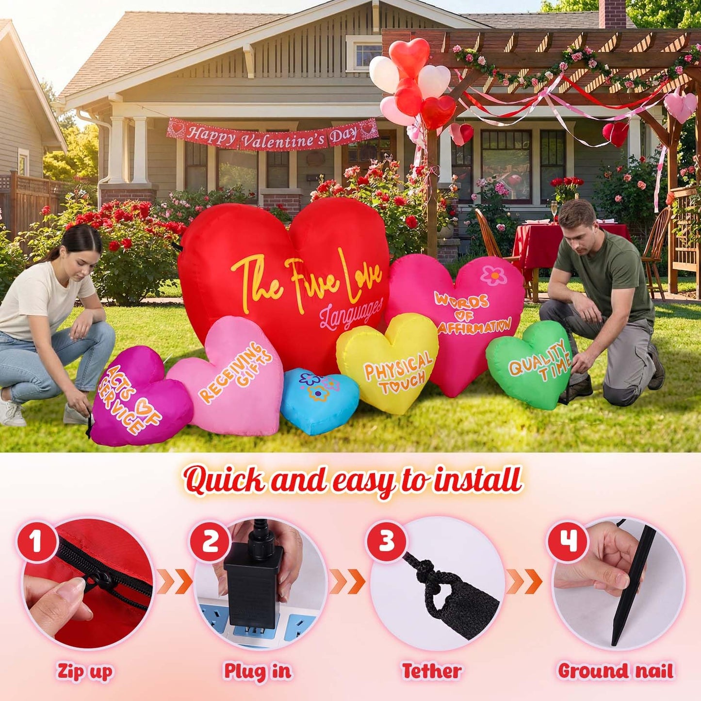 Valentines Inflatables Outdoor Decor, 6FT Long 5 Love Languages Hearts Blow Up Yard Decor with LED Lights, 7 Romantic Hearts Proposal Anniversary Wedding Lawn Garden Decoration, Weather Resistant