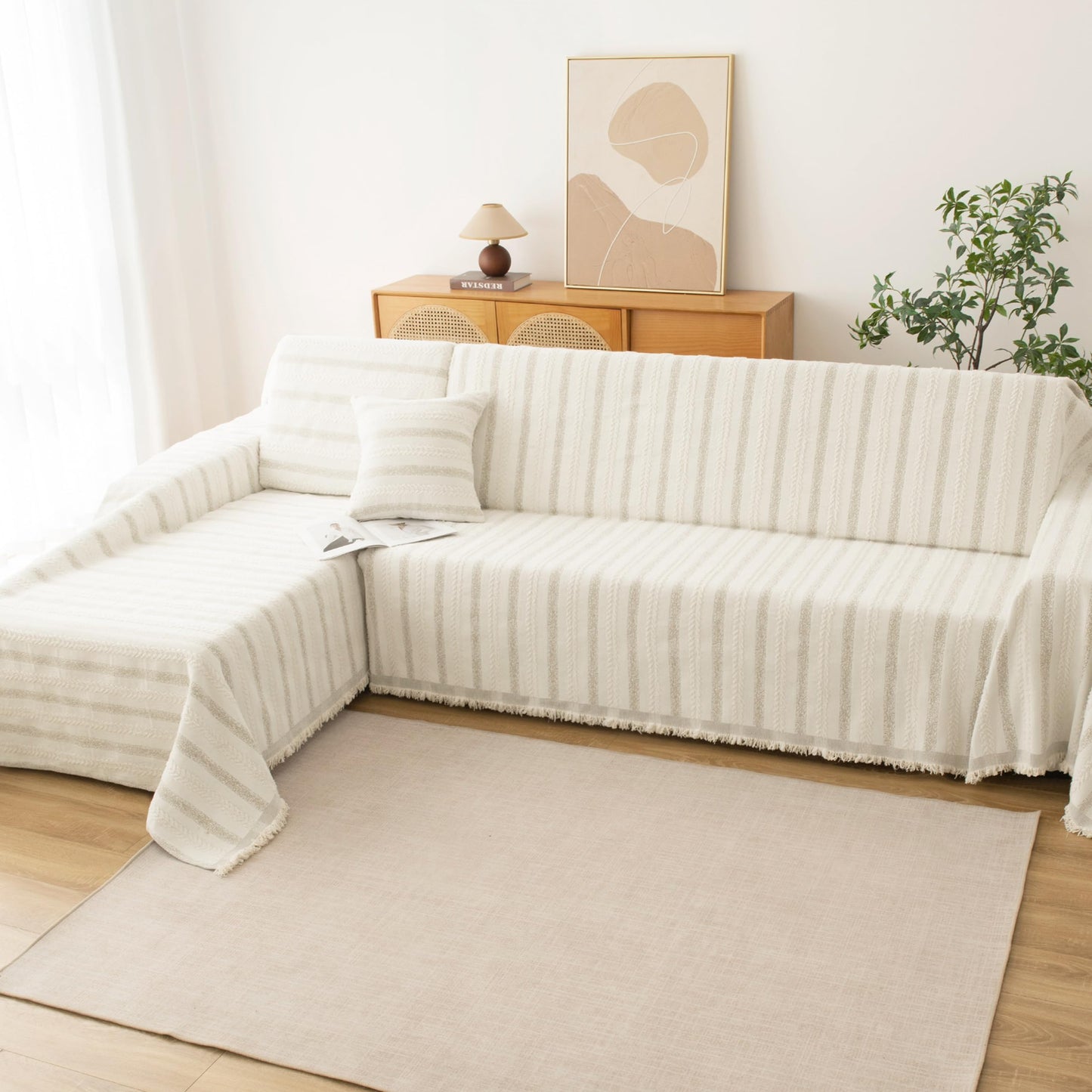 KaviKon Couch Cover for Dogs, Boho Sofa Covers for 3 Cushion Couch, Chenille Sofa Slipcover for Pets Washable, L-Shape Sectional Loveseat Cover Soft Throw Blankets with Tassels(71x118,Striped Beige)