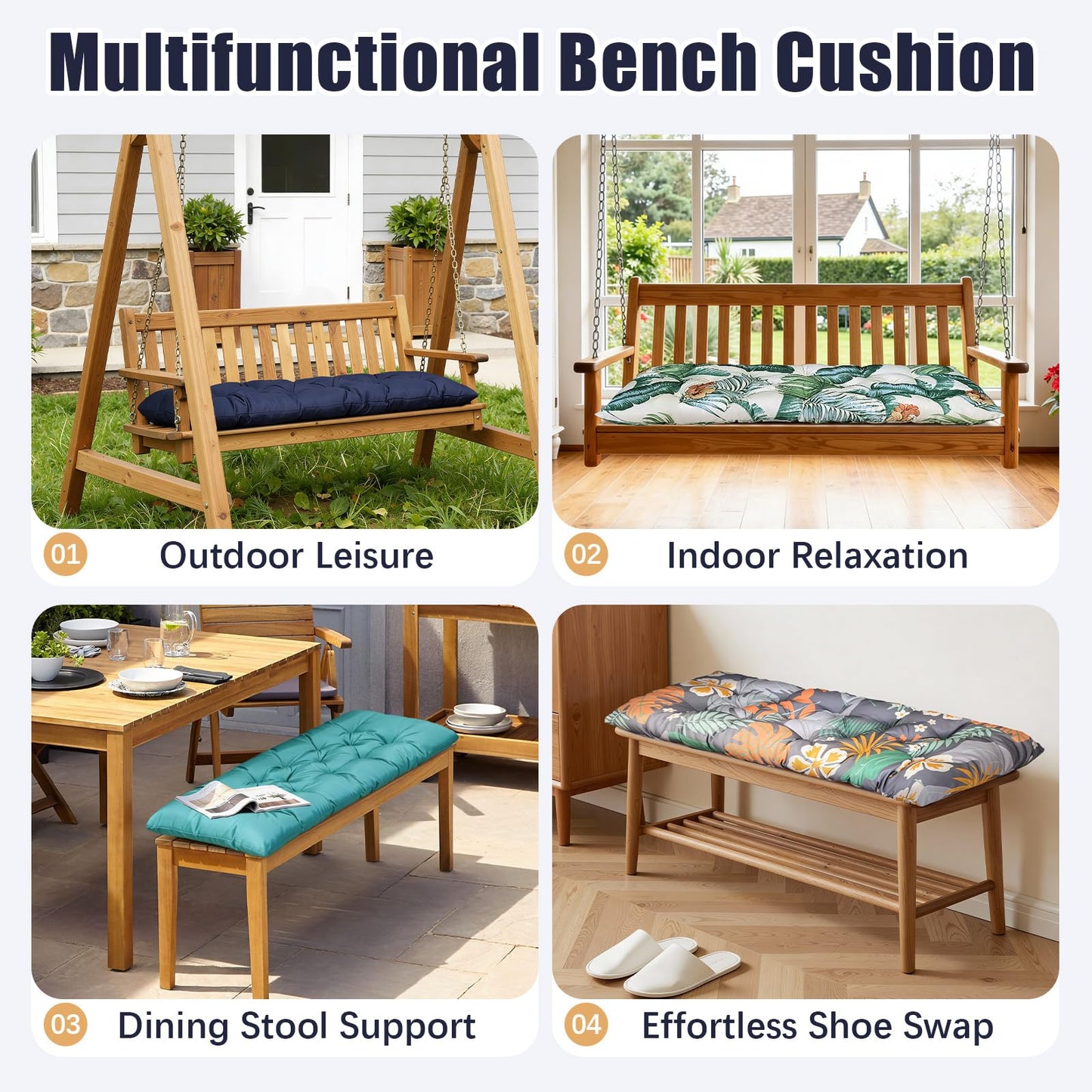 Gnostik Bench Cushion for Indoor/Outdoor Furniture, 48x20 Inch, Dark Grey Water-Repellent Long Bench Seat Pads for Garden, Porch Swing