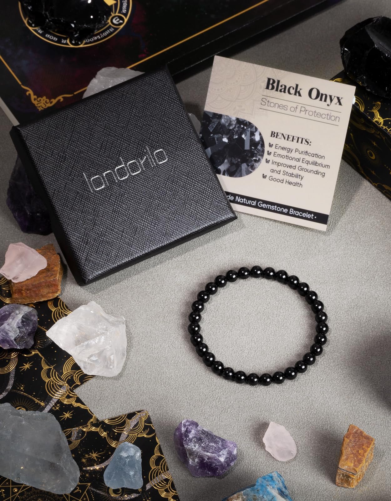 Landorilo Beaded Bracelet for Men Women, 6mm Natural Stone Black Onyx Healing Crystal Stretch Bracelets, Ideal Christmas Birthday Jewelry Gifts with Energy Card，Replacement Beads Included