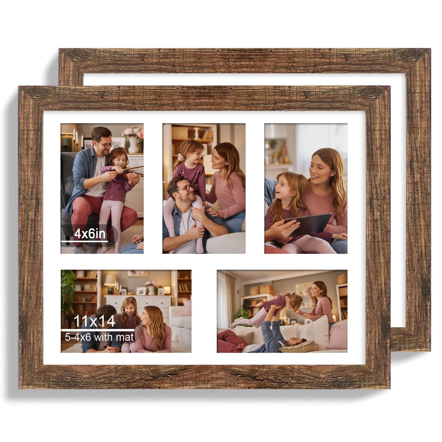 Hongkee 11x14 Picture Frame Set of 2, Rustic Brown Wood Frame with Real Glass Collage Picture Frames, Display Pictures Five 4x6 With Mat or 11 x 14 Without Mat, Photo Frames Wall Gallery