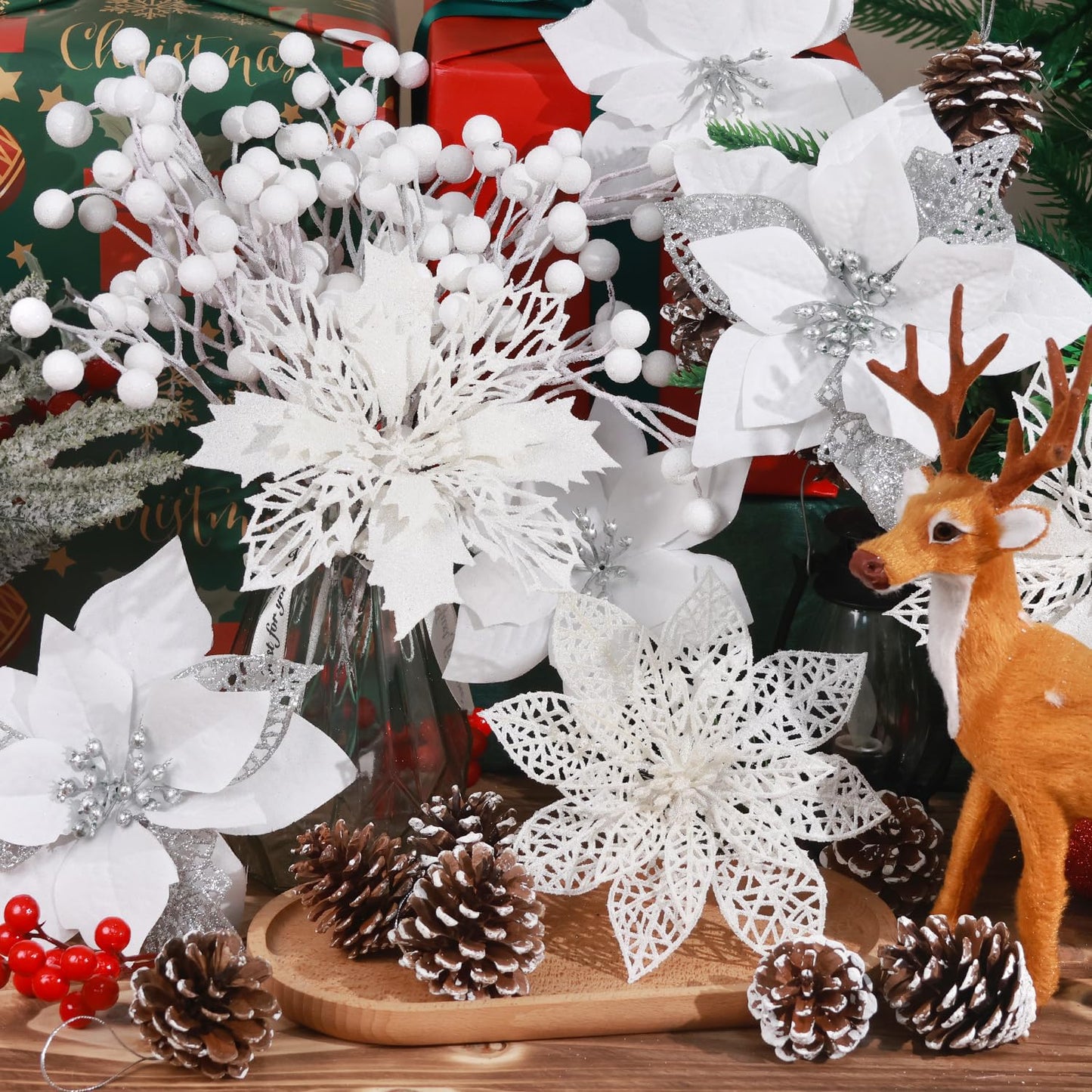 Hommtina 56 Pcs Christmas Decorations, 4 Styles Poinsettias Artificial Christmas Flowers Glitter Berries Stems Ornaments Tree with Pine Cones & Stems for Xmas Wedding DIY Wreath Floral Party (White)