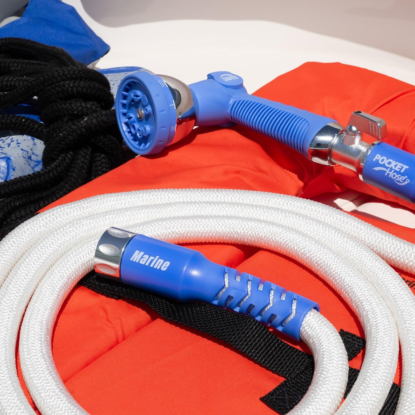Pocket Hose 50 ft Expandable Garden Hose for Marine & RV Use – Drinking Water Safe & Lead-Free, 3/4” Lightweight No-Kink Hose with On/Off Valve, 10-Pattern Sprayer & Storage Bag
