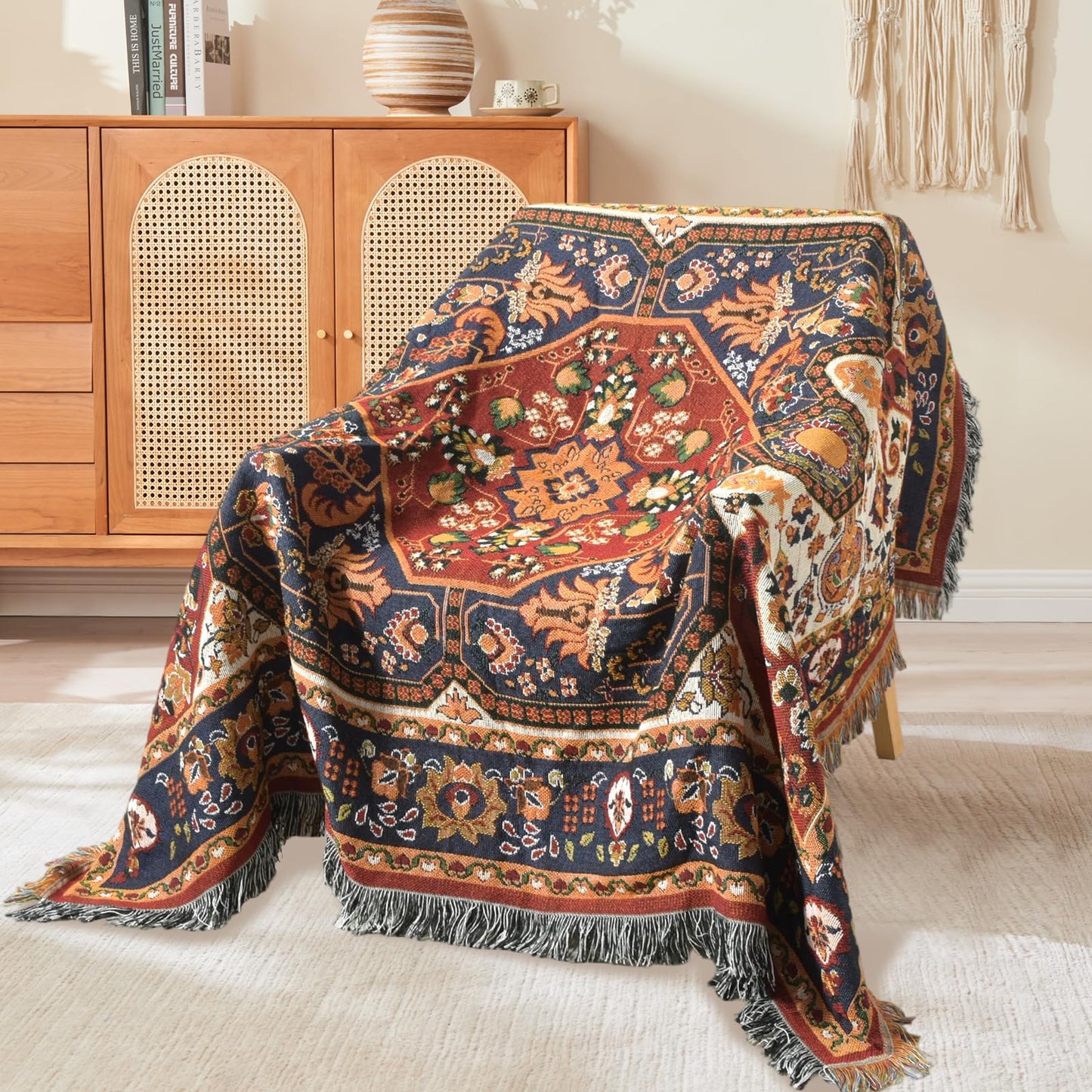 Shesyuki Boho Throw Blanket Reversible Cotton Bohemian Tapestry Hippie Room Decor Outdoor Blanket Double Sided (Boho Patten 50"x60")