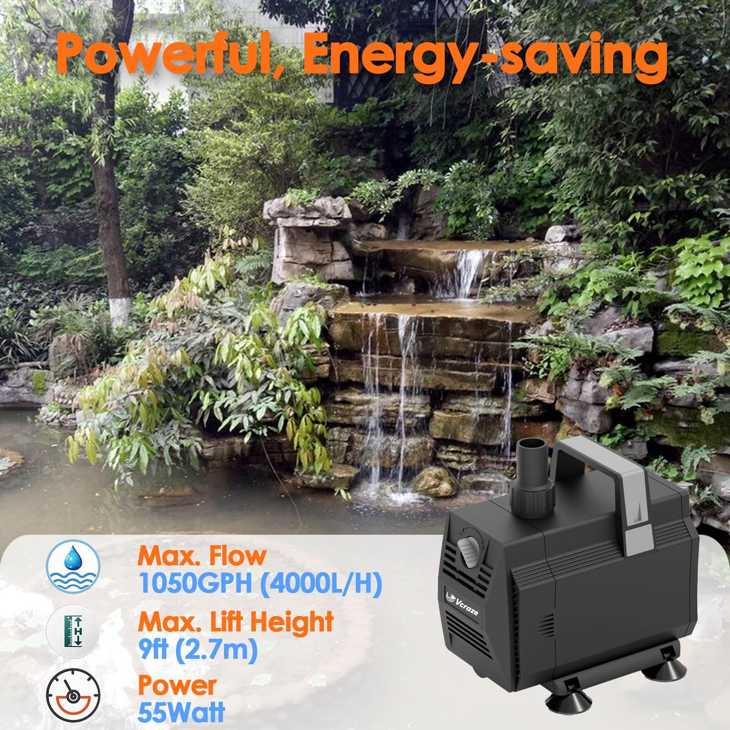 VCRAZE Submersible Water Pump 1050GPH/55W Fountain Pumps with Flow Control, Pond Pump Submersible Outdoor with 10ft 3-Core Power cable for Hydroponics, Aquarium, Waterfall, Statuary, Water feature