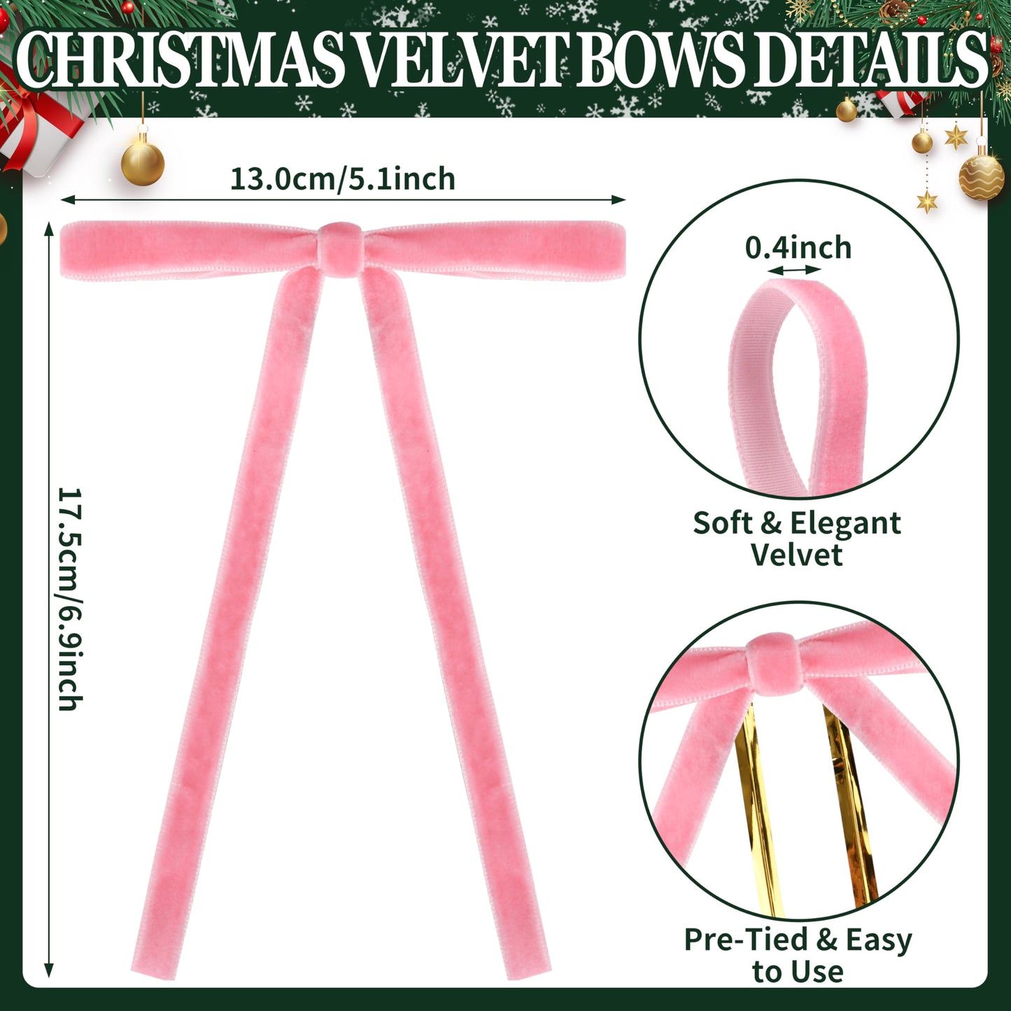 Lavwix 40Pcs Velvet Ribbon Bows, 5x7 Inch Pre-Tied Bows Christmas Ornaments for Xmas Tree, Garland, Wreath, Gift and Holiday Home Décor (5 x 7 Inch, Width of 3/8",Pink)