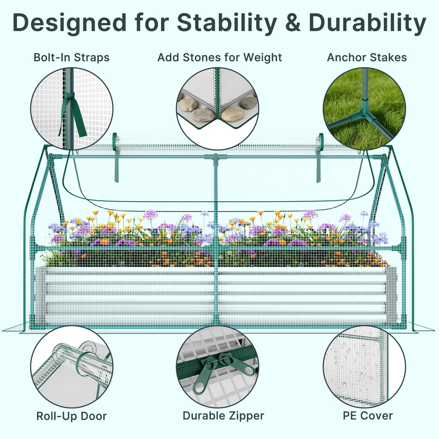 Miory Raised Garden Bed with PE Cover, 6x3x1 FT Galvanized Planter Box Outdoor with Greenhouse Cover, 2 Large Zippered Screen Windows for Vegetables, Flowers, Includes Labels & Gloves