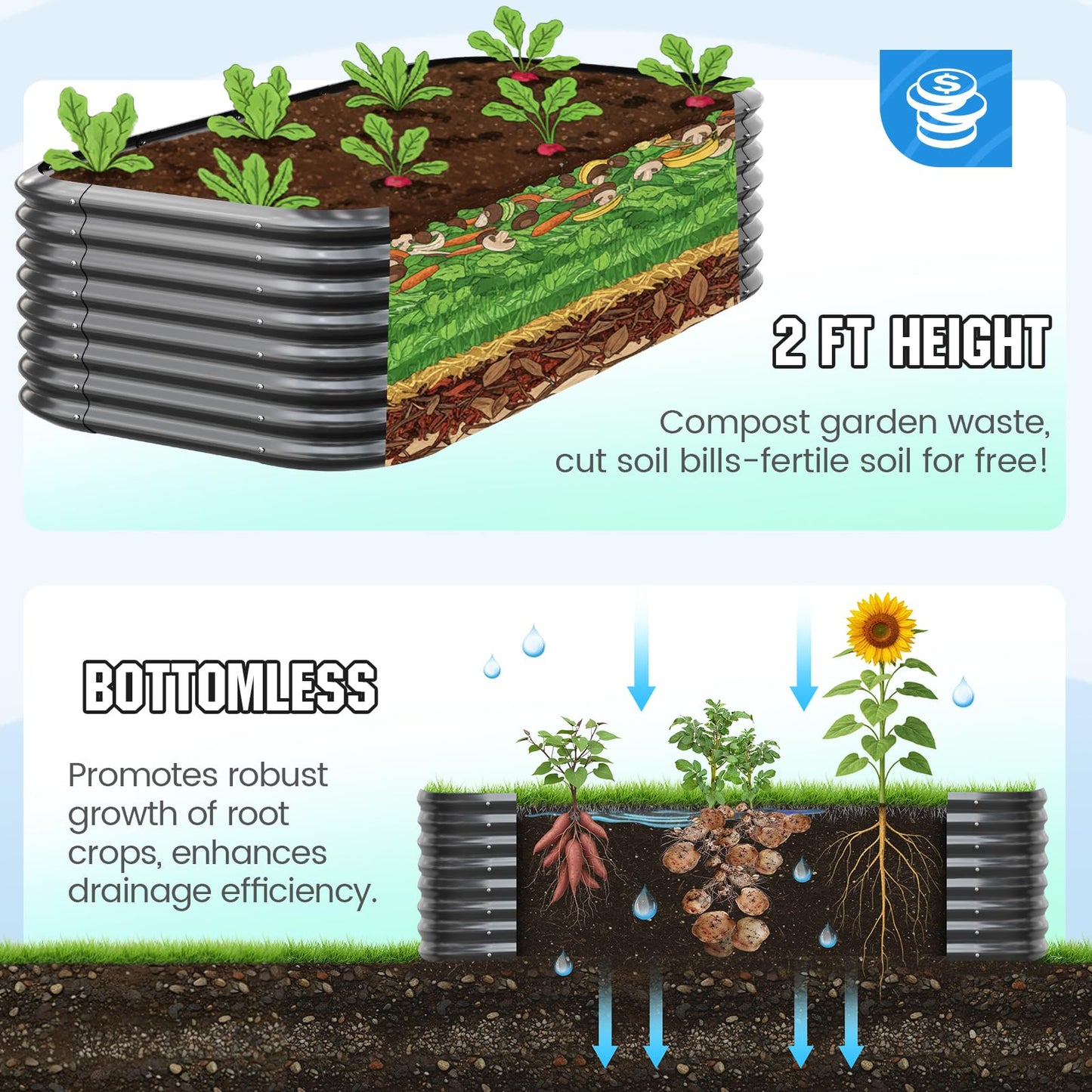 Quictent Galvanized Raised Garden Bed Kit, 8x4x2 ft Oval Metal Planter Box Tall for Vegetables Outdoor Backyard, Strengthened by Crossbar, Dark Gray