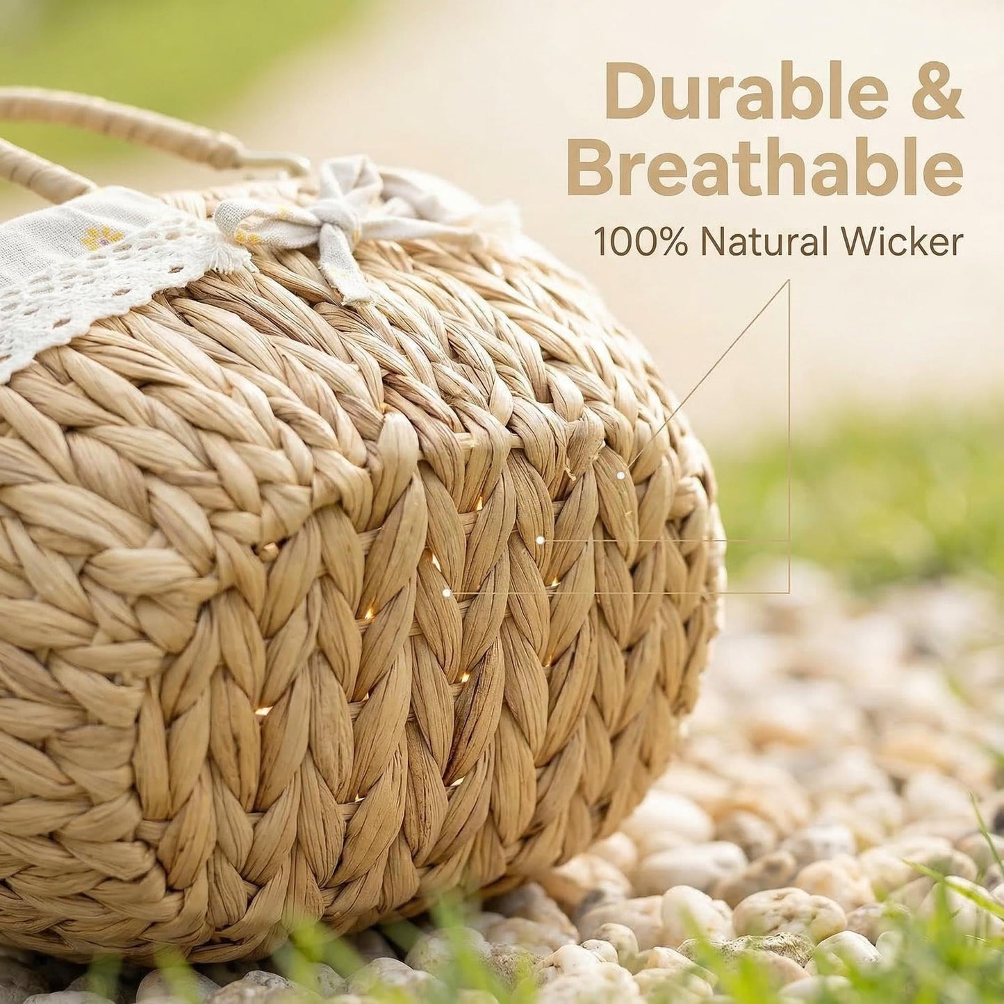 Oval Wicker Picnic Basket with Folding Handles and Lining for 2, Handwoven Water Hyacinth Hamper,Willow Hand Woven Shopping Basket, Bath Storage Camping Outdoor Beach Gift