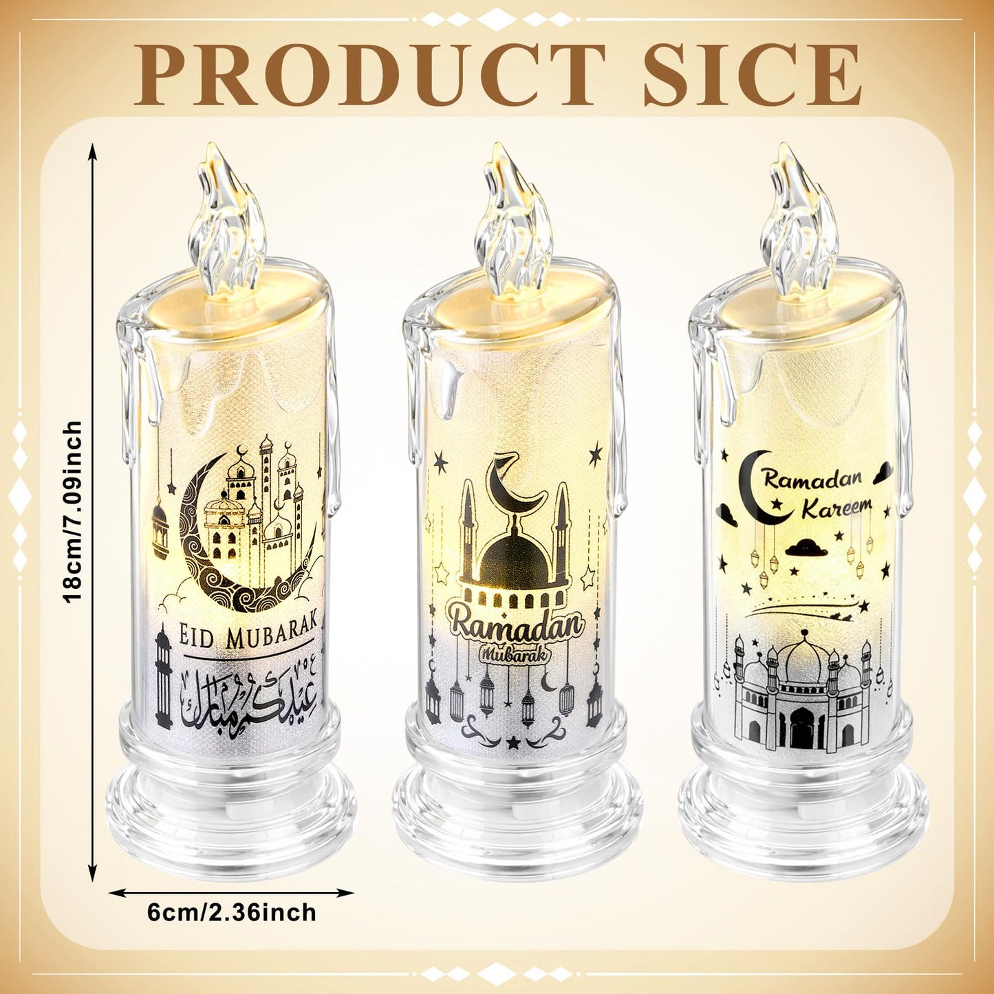 VIHOSE 3 Pcs Ramadan Decorations for Home Eid Mubarak Flameless Candles LED Battery Operated Candles Muslim Moon Decorative Lights for Home Muslim Ramadan Decorations