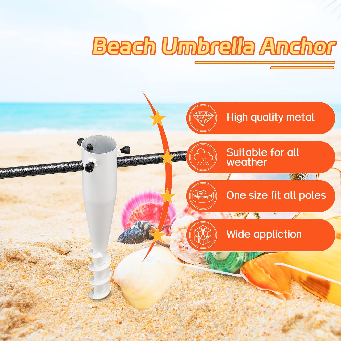 TALITARE Beach Umbrella Sand Anchor,17 Inches Heavy Duty Metal No Dig Beach Sand Ground Anchor,Windproof Umbrella Holder for Use in Ground, Soil, Grass, Sand (White,1Pcs)