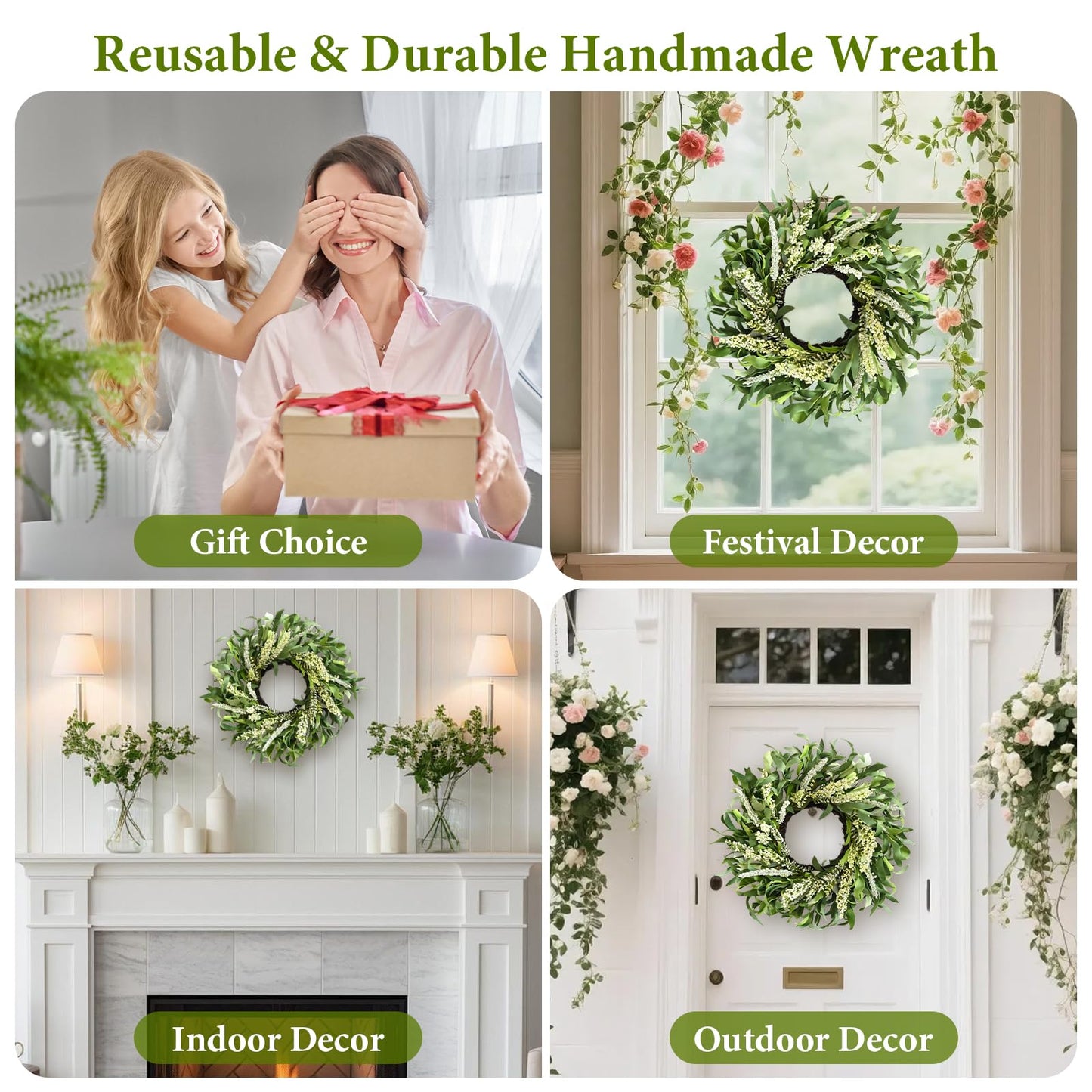 Greenery Spring Wreath for Front Door, 26 Inch Large Wreath with Artificial Eucalyptus Leaves and Cream Ear of Grain, All Season Spring Wreath for Wedding Rustic Modern Farmhouse Home Decor