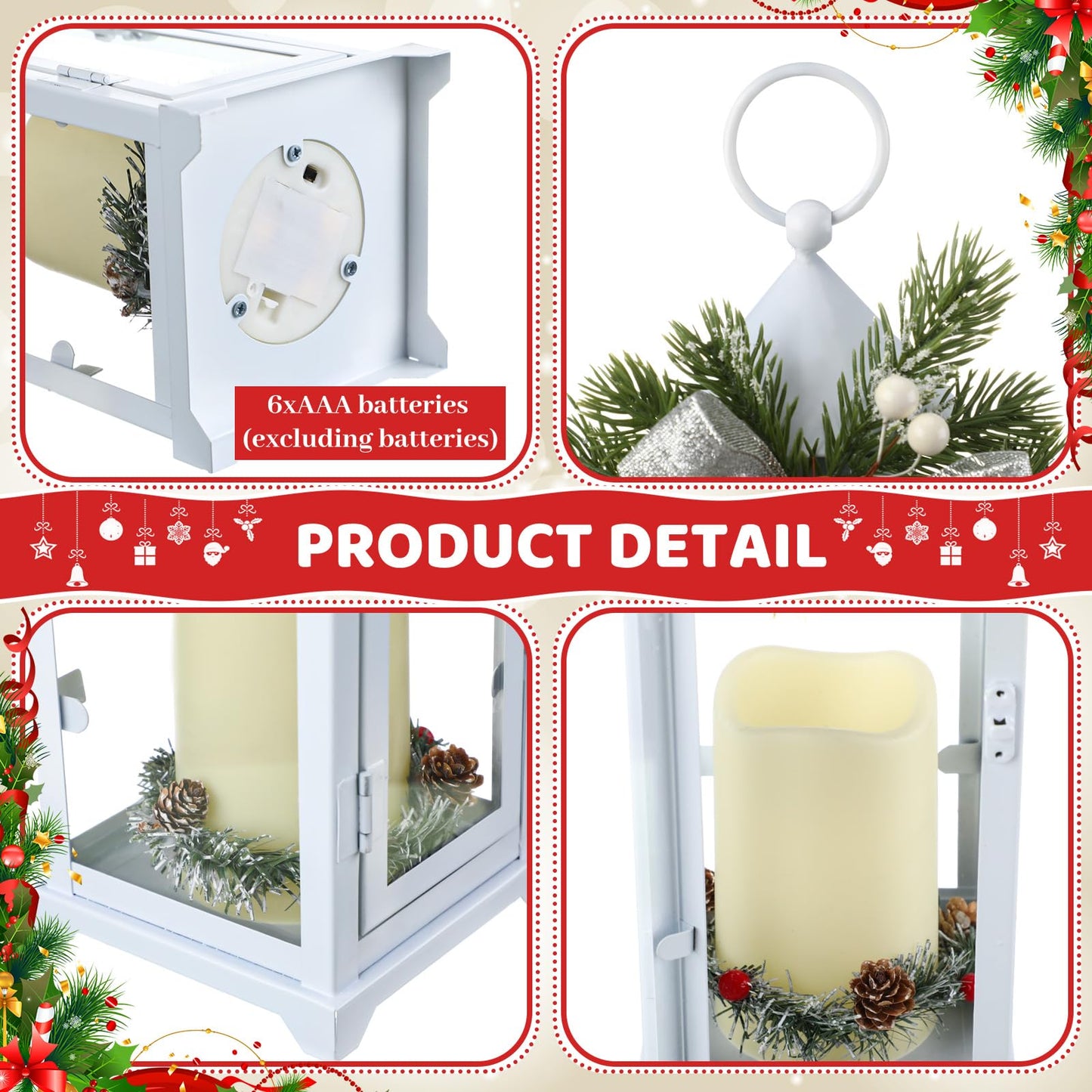 Baquler White 2 Pcs Christmas Metal Candle Lantern and LED Fake Candles 12'' and 15'' Decorative Lanterns with Xmas Ornament Porch Lanterns Indoor Outdoor Decoration Party Gift