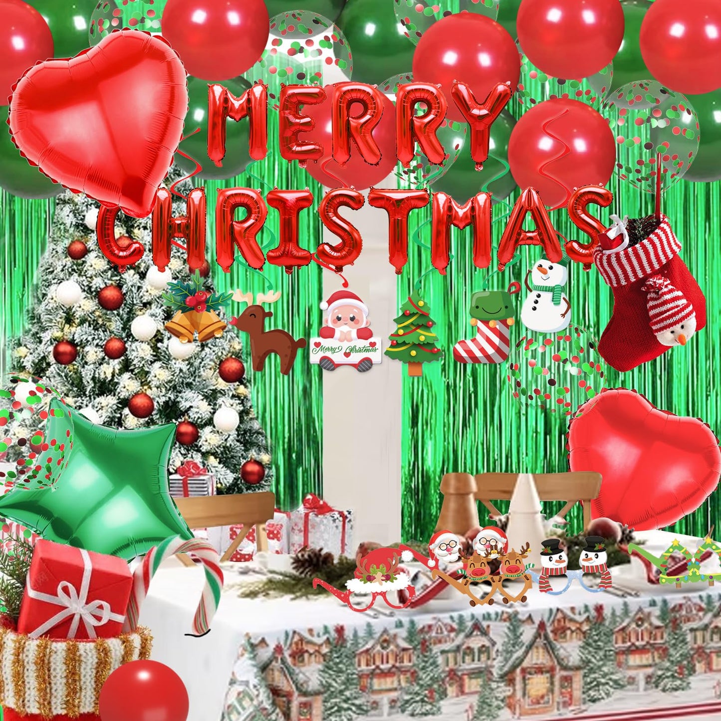 Red Green Christmas Decorations with Green Fringe Curtains, Heart Stars Confetti Balloon, Merry Christma Foil Balloons, christmas Glasses Frames and Hanging Swirls for Xmas Party Supplies