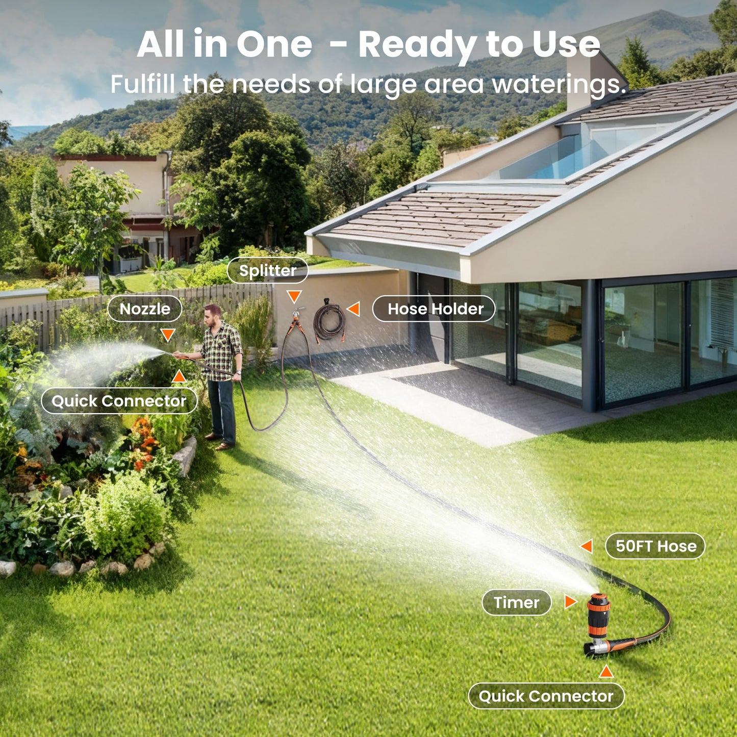 Giraffe Tools Garden Hose 5/8", Water Hose Heavy Duty, Flexible, Lightweight Hybrid Hose with Swivel Handle, with Hose Splitter, Nozzle and Yard Sprinkler, 50ft Male to Female Fittings, Burst 600 PSI