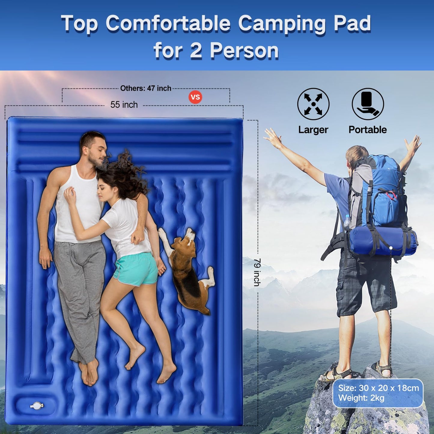 FNARMW Double Sleeping Pad Camping, Self Inflating 6'' Extra-Thick 2 Person Pillow Built-in Foot Pump Waterproof Inflatable Sleeping Mat Backpacking, Tent, Hiking, Portable Camping Pad (Navy Grey)