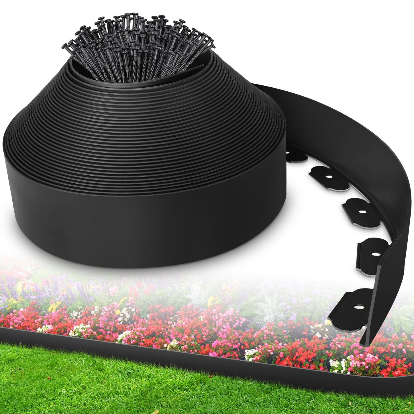 4-Inch x 100 FT Landscape Edging Border with 150 Stakes, Plastic Garden Edging Border Kit, Flexible No Dig Lawn Edging Border for Garden Flower Beds Yard Pathway Paver (Black)