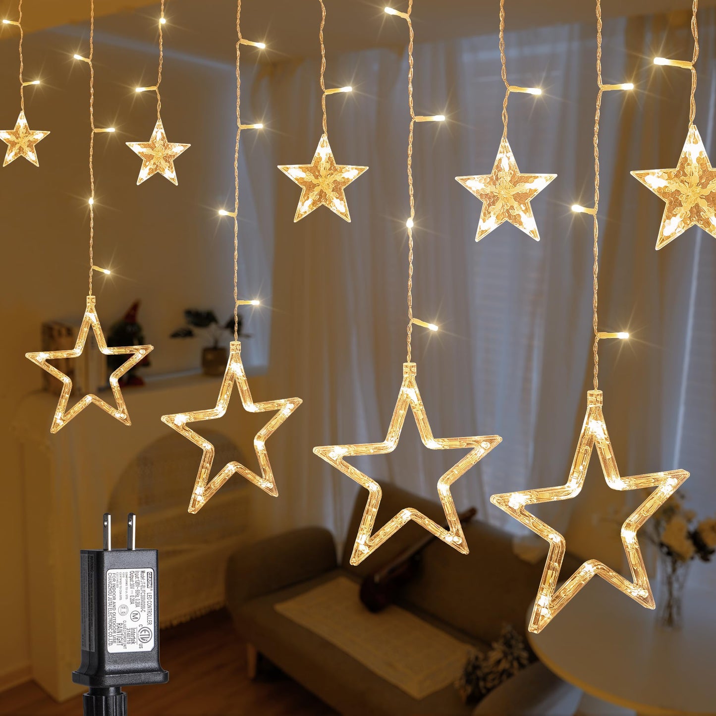 MYGOTO 126L Warm White Star Icicle Lights, 8.2FT Clear Curtain Fairy String with Connectable, Timer 8 Modes Memory, Waterproof Hanging for Christmas,Ramadan,Party,Wedding Indoor Outdoor Decorations