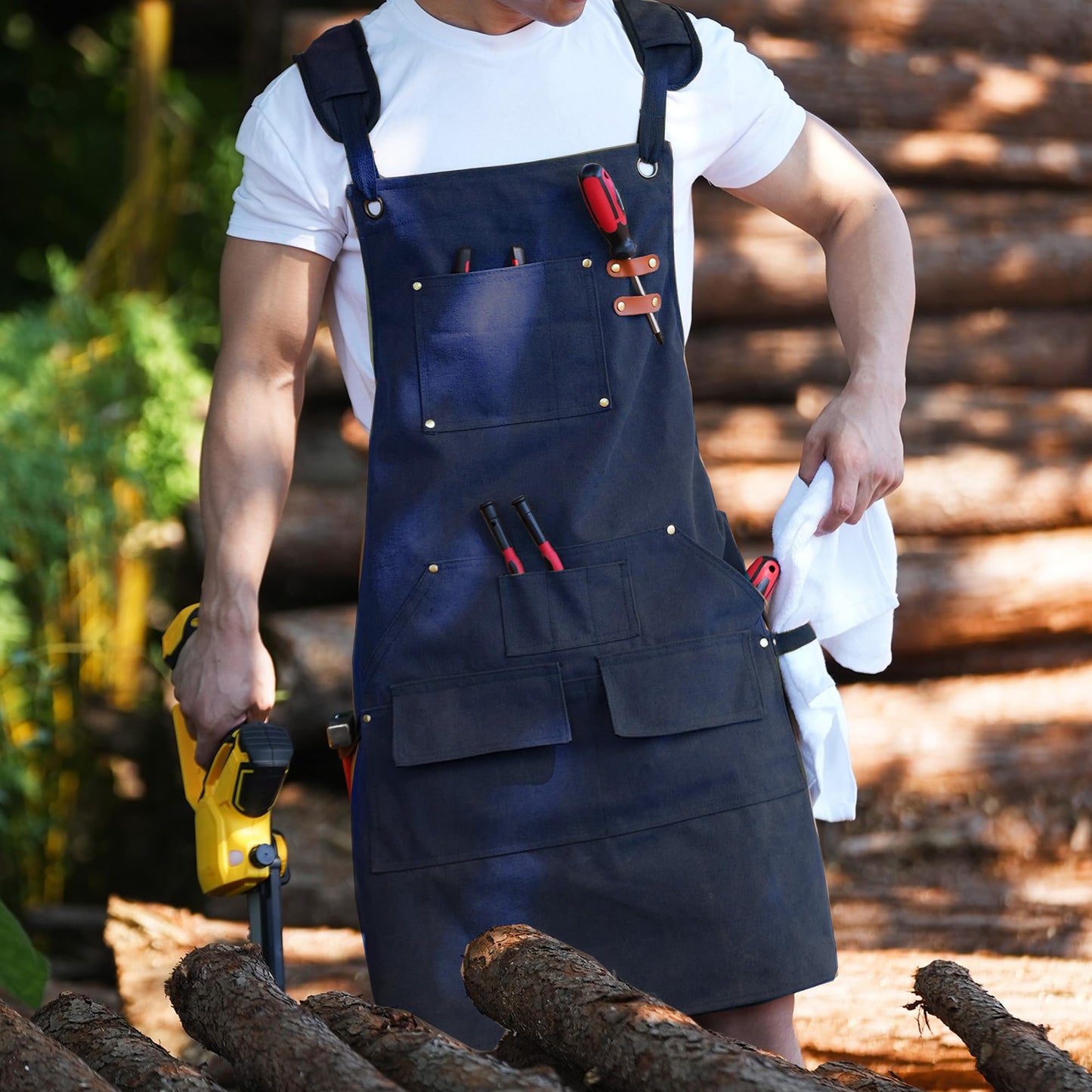 Tosewever Work Aprons for Men with Large Pockets, Canvas Cross Back Heavy Duty Adjustable Tool Aprons for Chef Cooking BBQ (Blue)