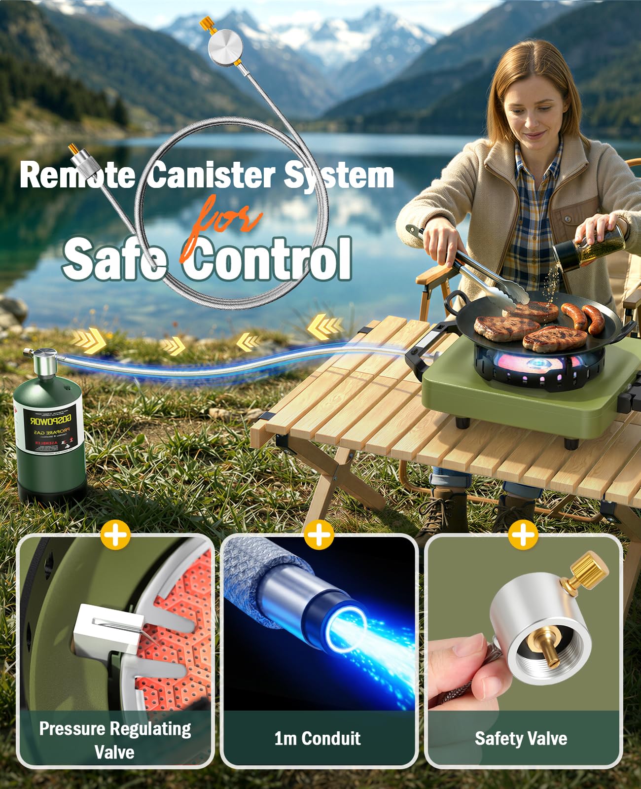 2 Propane Burners Camping Stove, 30,000 BTU Folding Camp Stove with Windproof Grates and Frying Pan, Portable Camping Stoves with Carrying Bag, Camping Essentials for Tailgating/Grilling/Coffee, Green