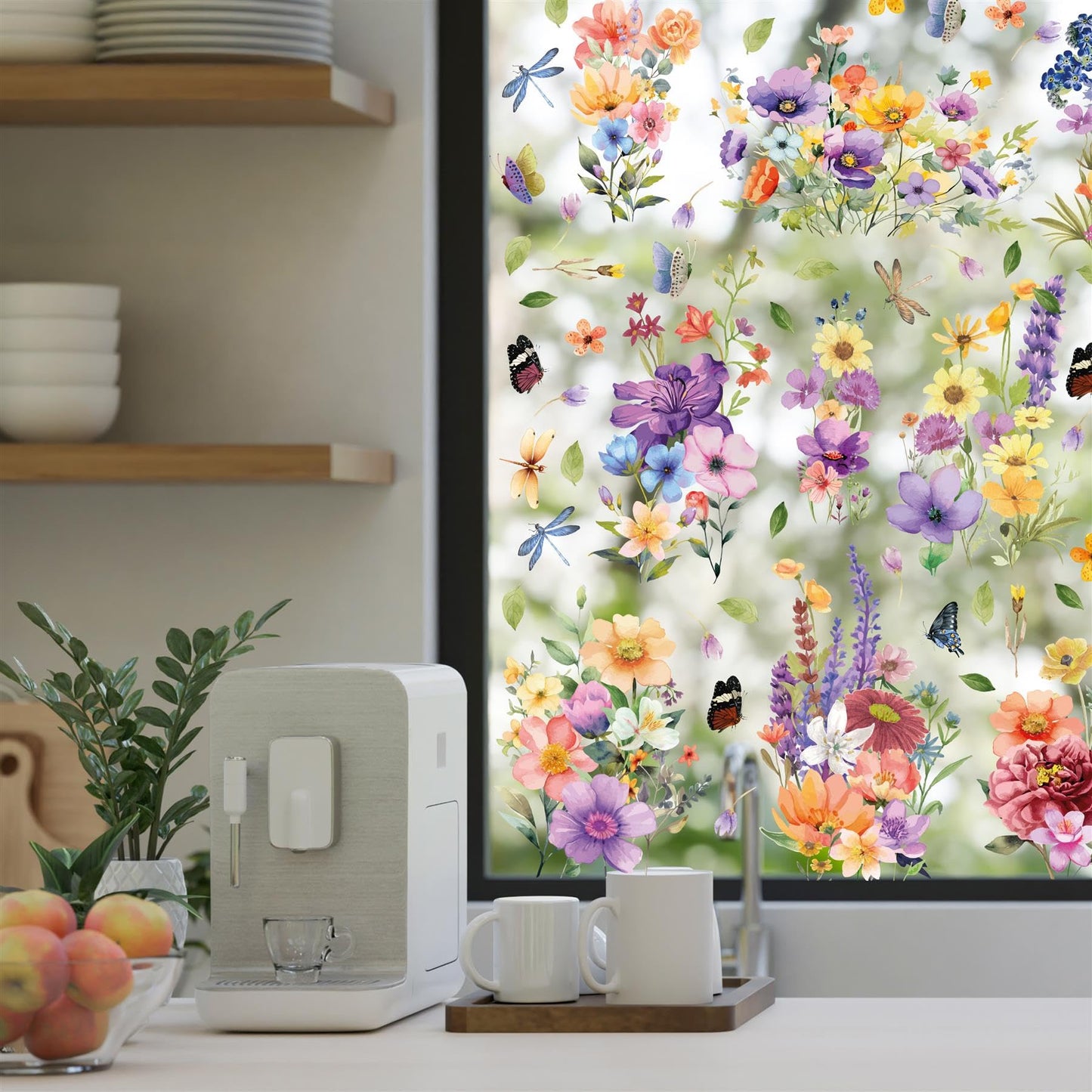 WALPLUS Spring Window Clings Spring Decorations Flower Window Clings Reusable Removable for Glass Windows Living Room Nursery Room Home Colourful Flowers with Dragonflies and Butterflies 44 Pieces