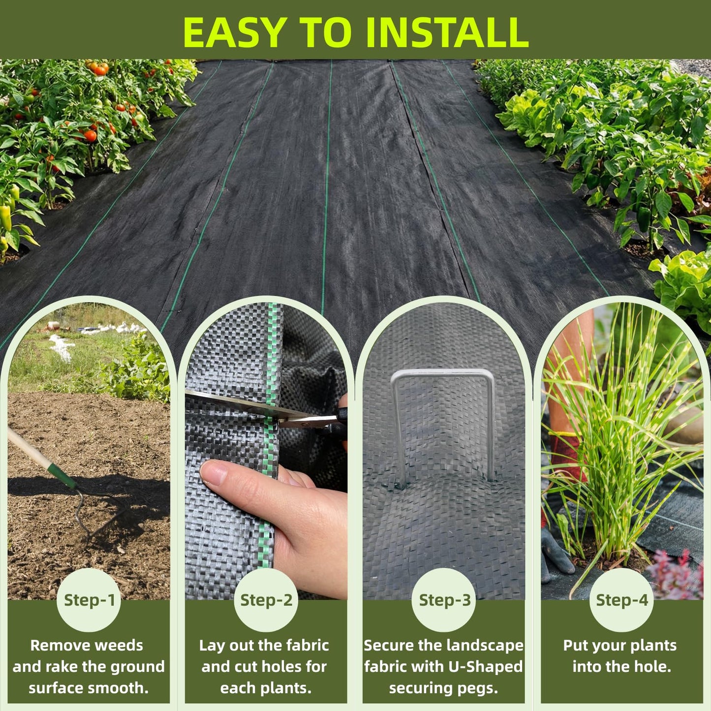 Rohuis 4ft x 100ft Weed Barrier Landscape Fabric, Heavy Duty Woven Ground Cover for Garden, Weed Control Mat for Gardening Driveway Landscaping, Weed Blocker Cloth with 20 U-Shaped Securing Pegs
