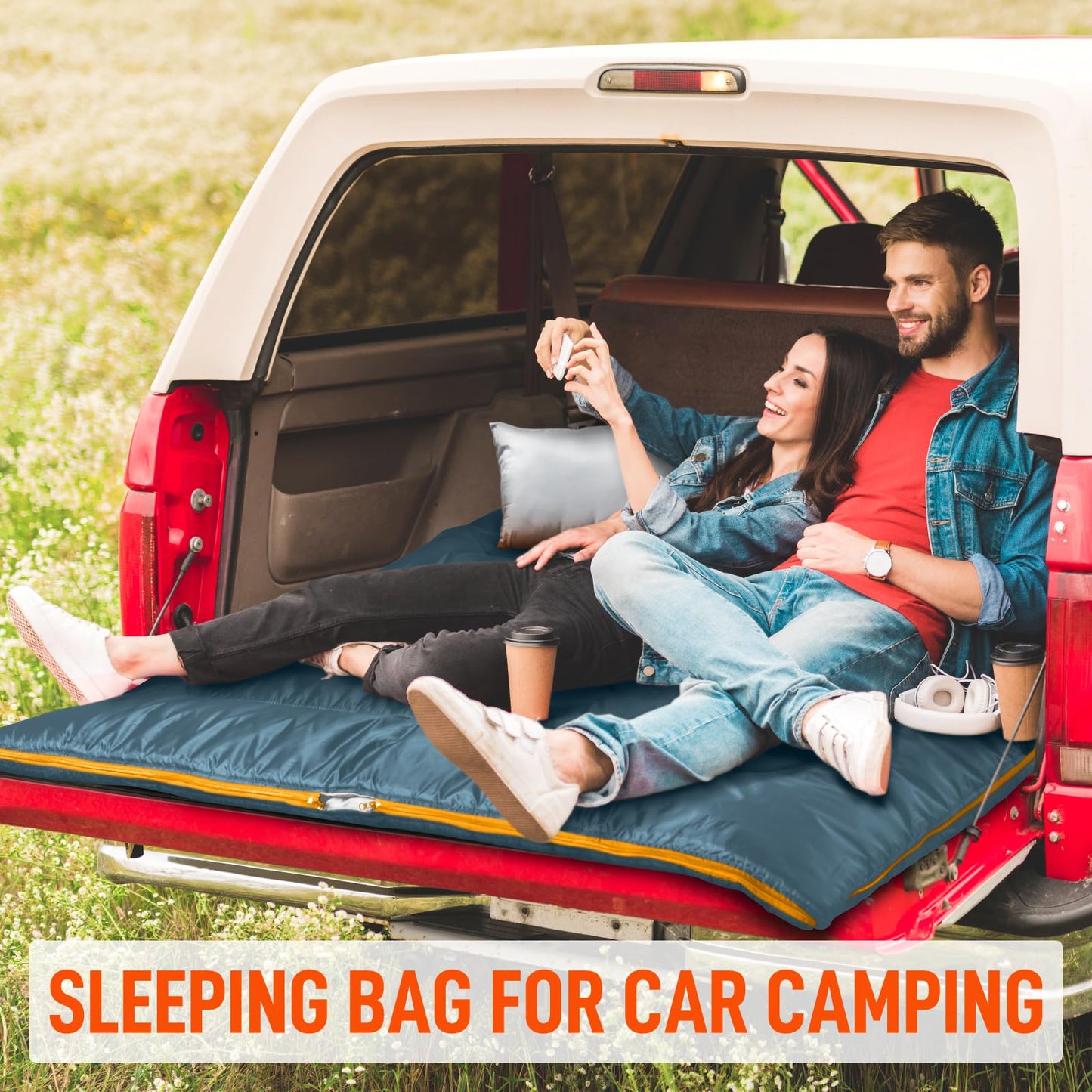 MEREZA Double Sleeping Bag for Adults Mens with Pillow, XL Queen Size Two Person Sleeping Bag for All Season Camping Hiking Backpacking 2 Person Sleeping Bags for Cold Weather & Warm (Blue&Yellow)