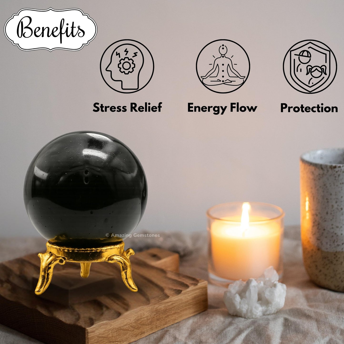 Amazing Gemstone Black Tourmaline Crystal Ball with Stand - 2" Inches Crystal Sphere Meditation Balls for Witchcraft and Decorative Balls