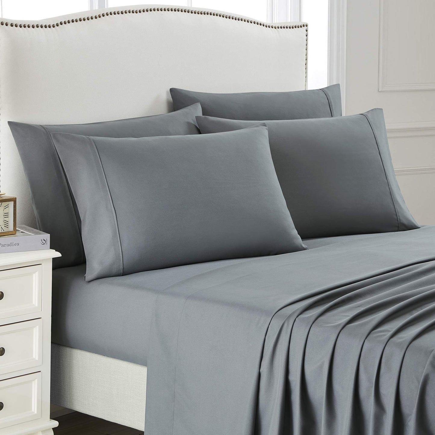 Queen Bed Sheet Set, 6 PC Super Soft Microfiber Bedding Set, Wrinkle & Fade Resistant Sheet Set, Hotel Quality Fits Mattress Up to 14'' Deep Pocket, Grey