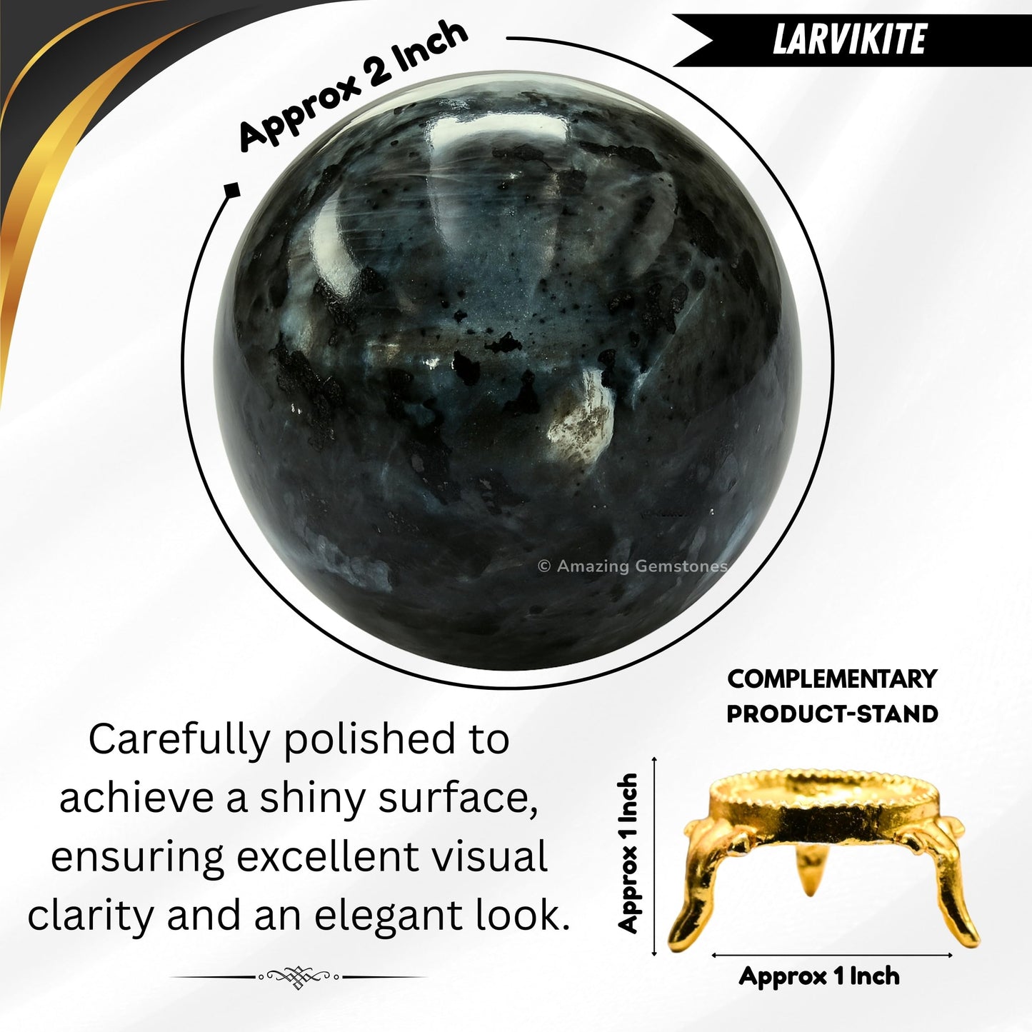 Amazing Gemstone Larvikite Crystal Ball with Stand - 2" Inches Crystal Sphere Meditation Balls for Witchcraft and Decorative Balls